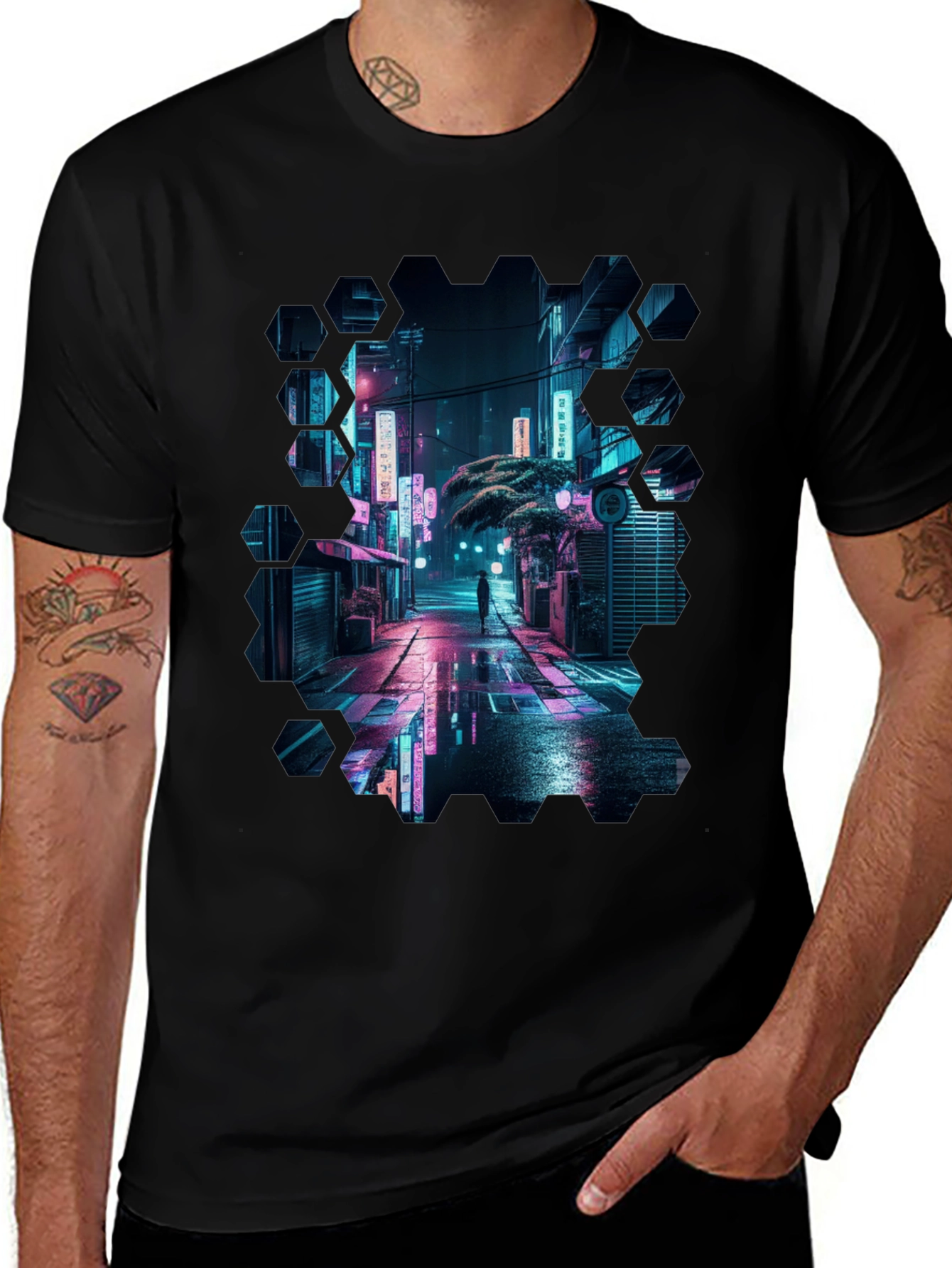 Cyberpunk Cityscape Black T-Shirt