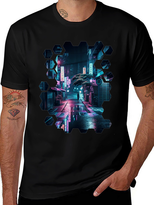 Cyberpunk Cityscape Black T-Shirt
