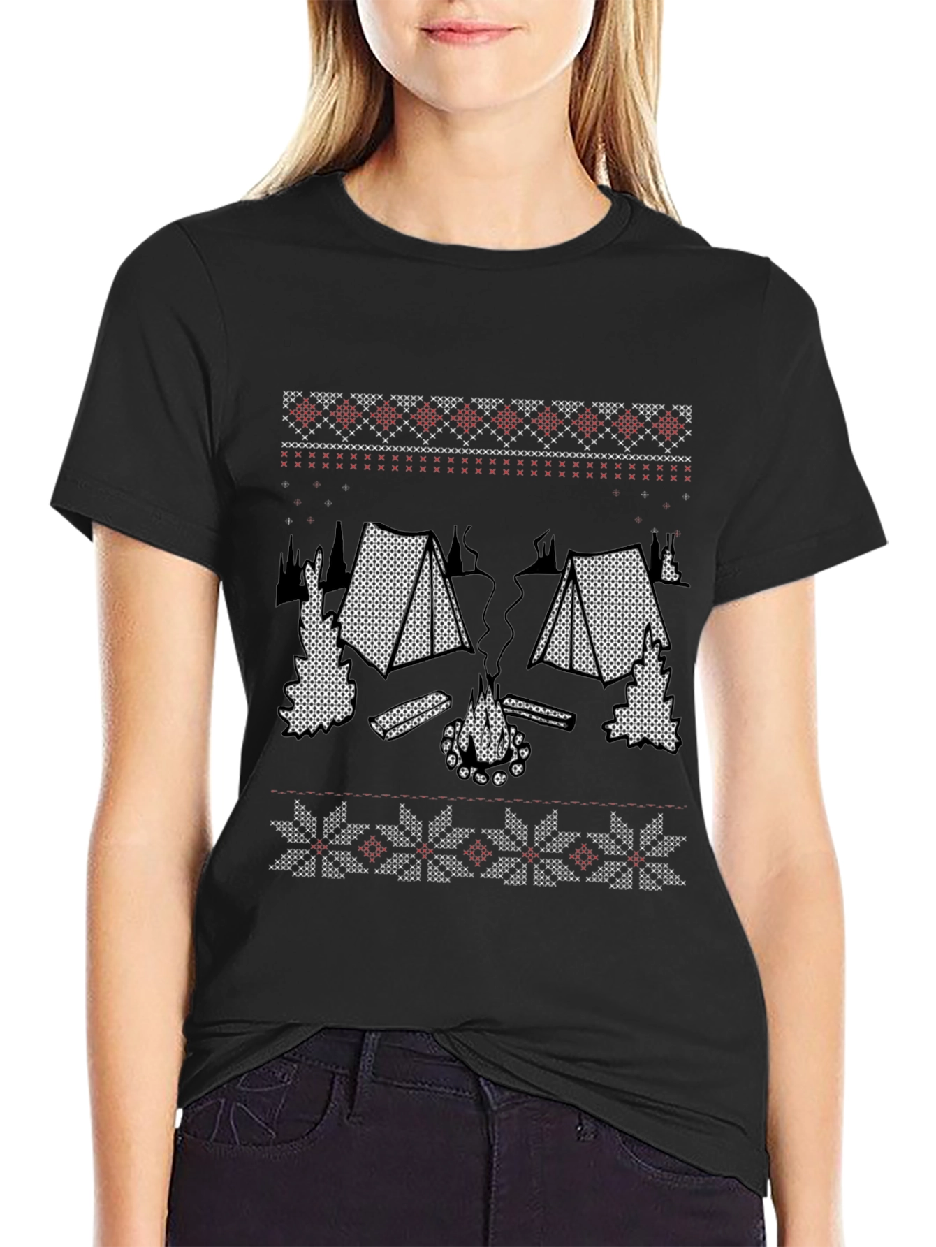 Camping Knit T-Shirt - Cozy Campfire Design