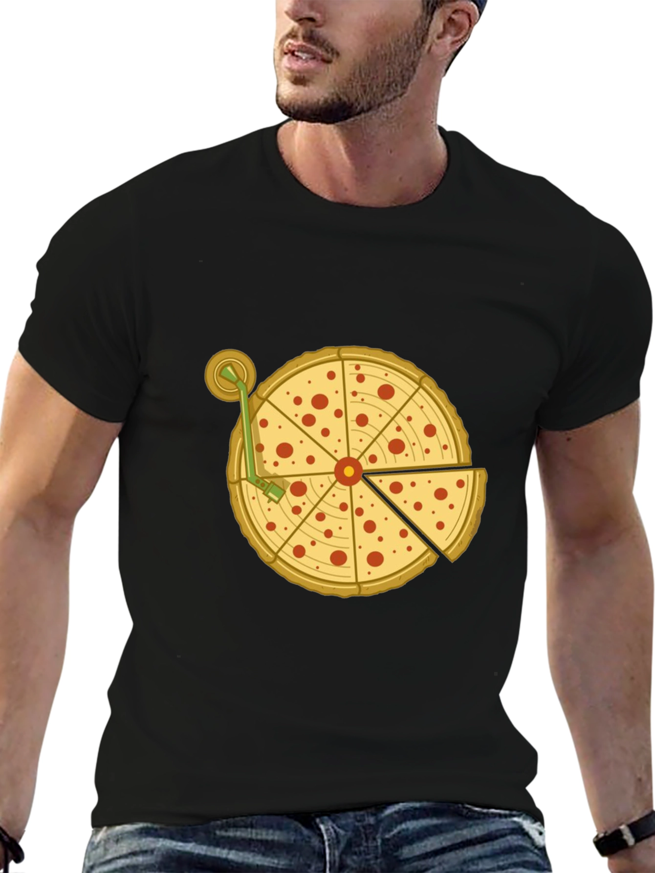 Pizza Turntable Graphic Tee - Black Cotton T-Shirt