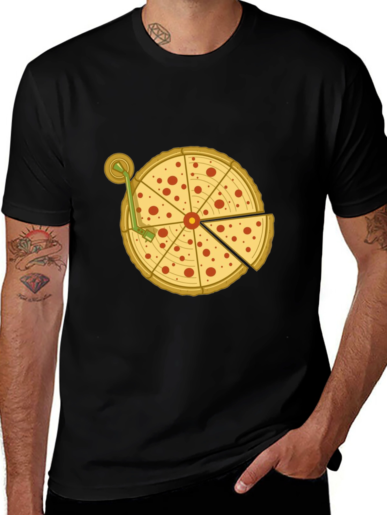 Pizza Turntable Graphic Tee - Black Cotton T-Shirt