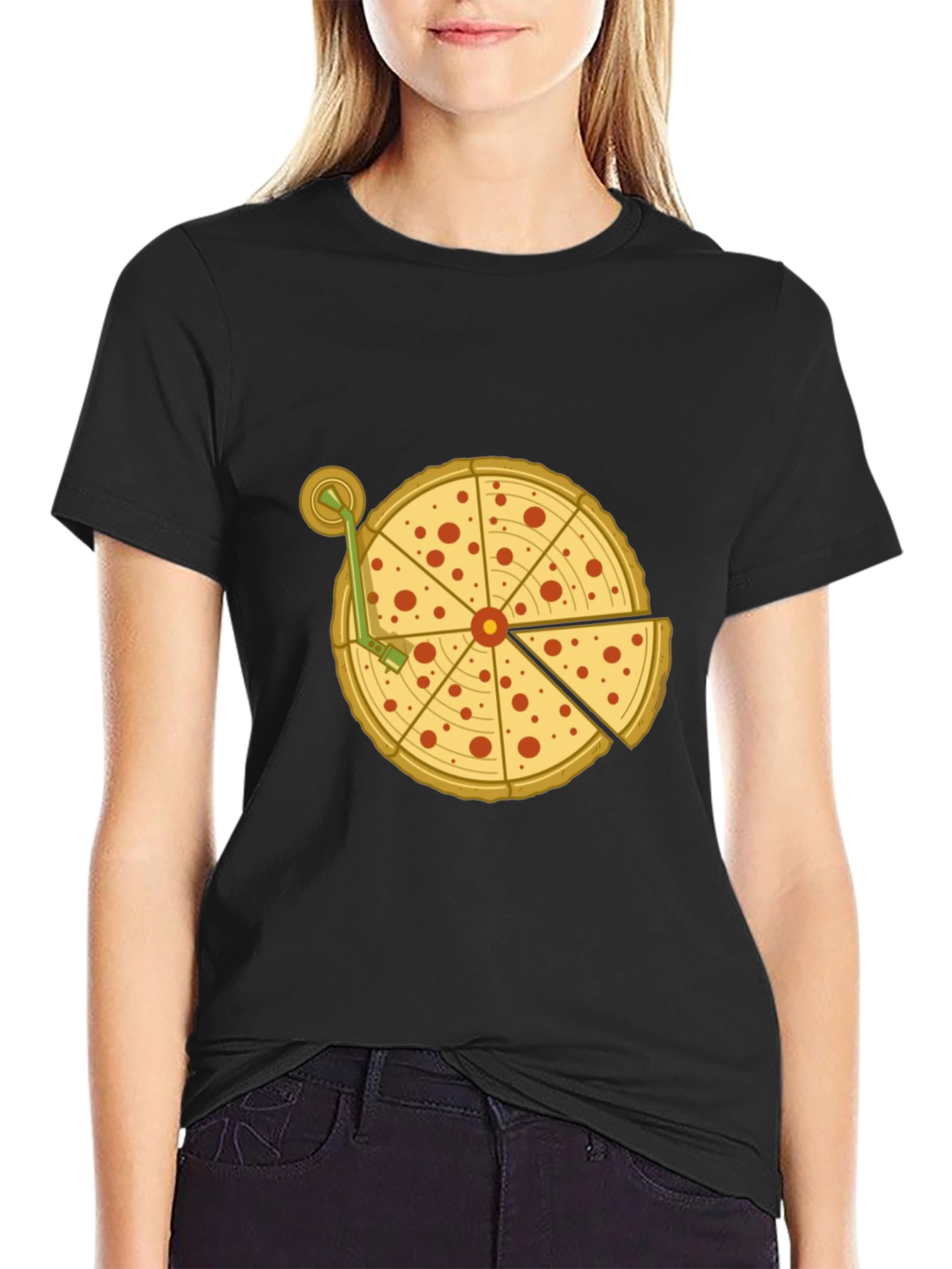 Pizza Turntable Graphic Tee - Black Cotton T-Shirt