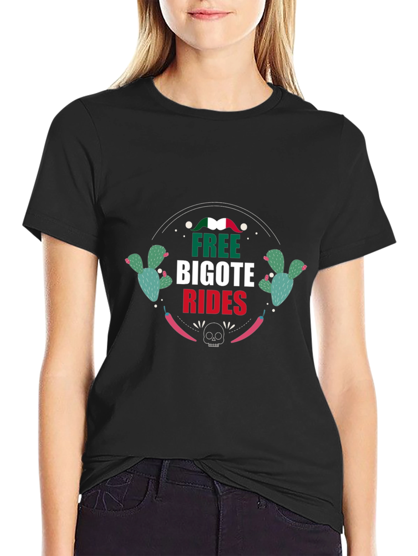 Free Bigote Rides Black Graphic T-Shirt