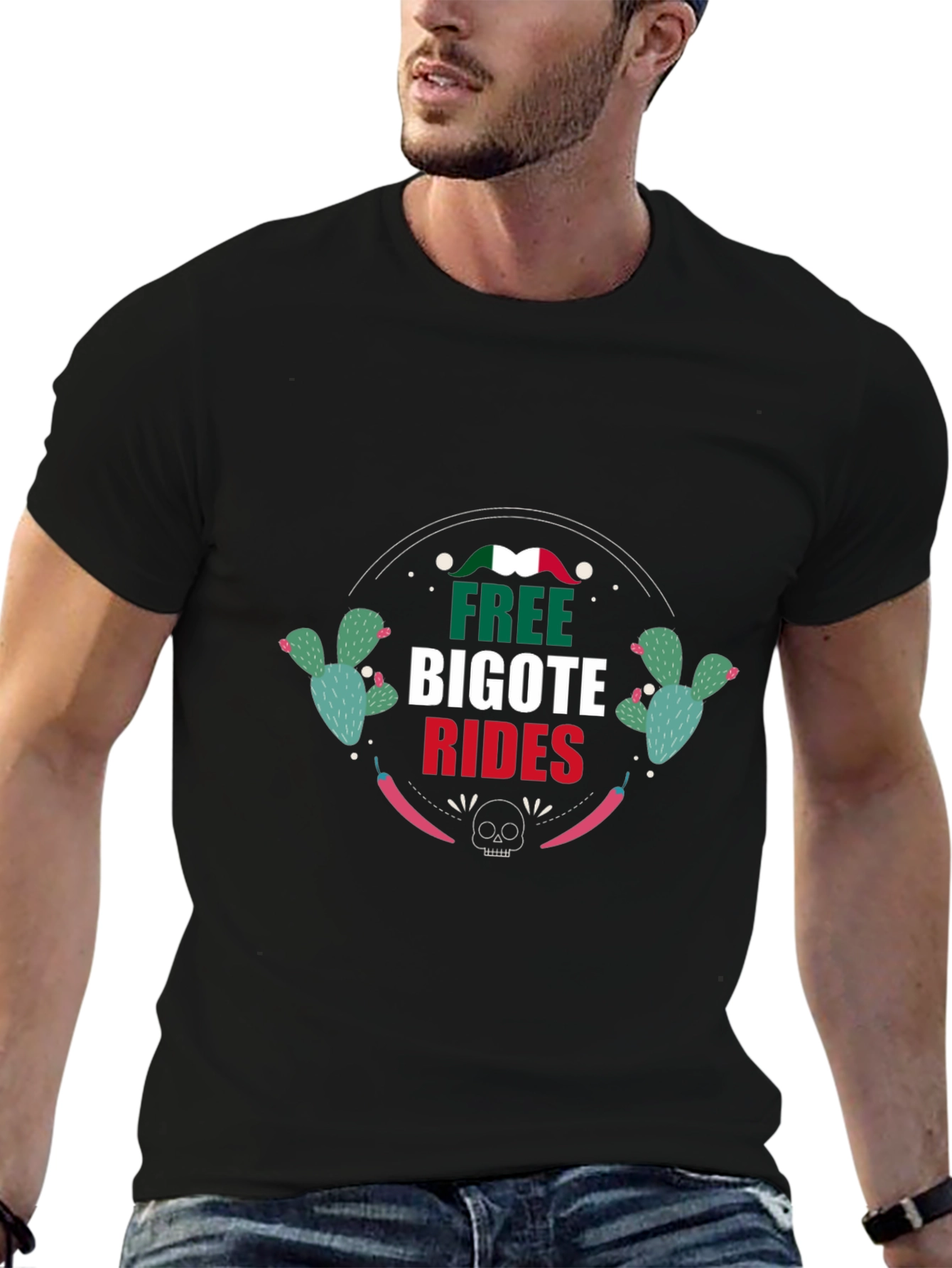 Free Bigote Rides Black Graphic T-Shirt