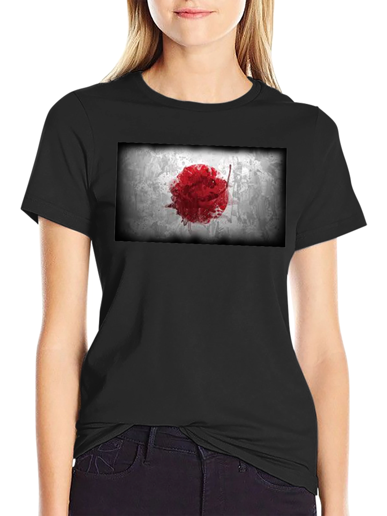 Japanese Flag Graphic Black T-Shirt - Grunge Design