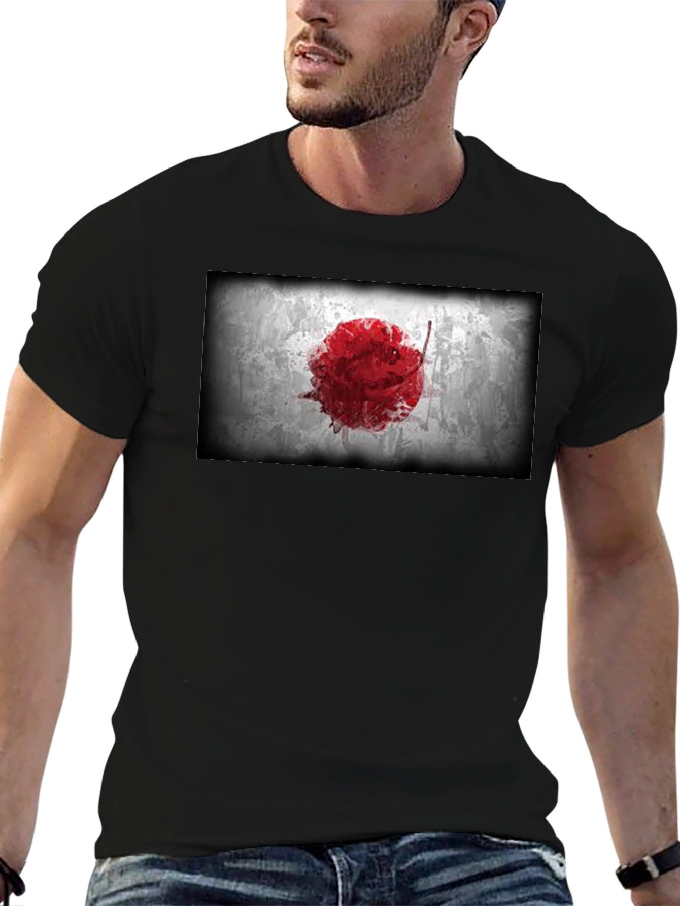 Japanese Flag Graphic Black T-Shirt - Grunge Design