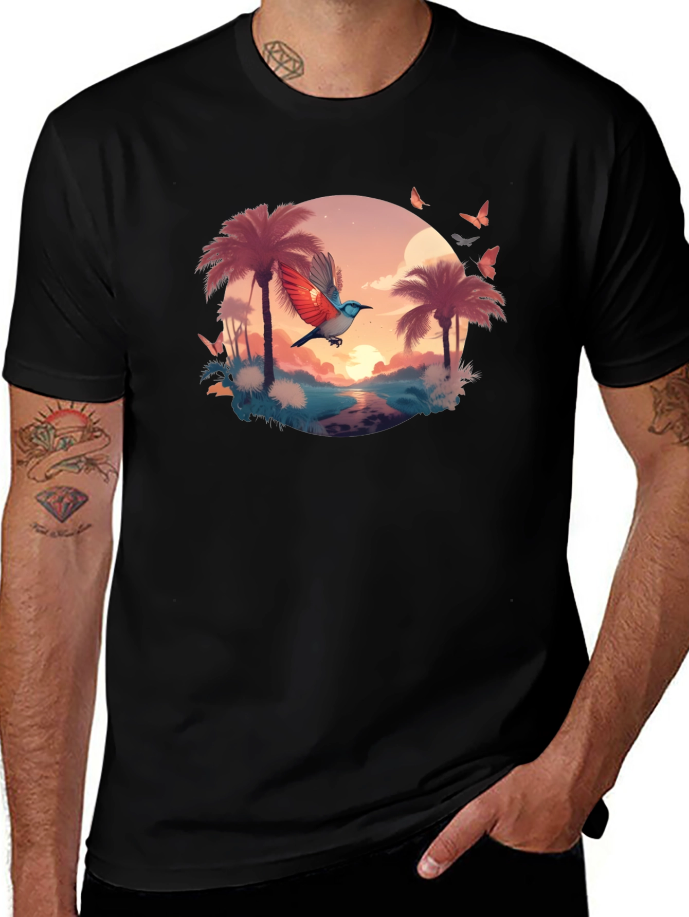 Tropical Bird Graphic Tee - Black