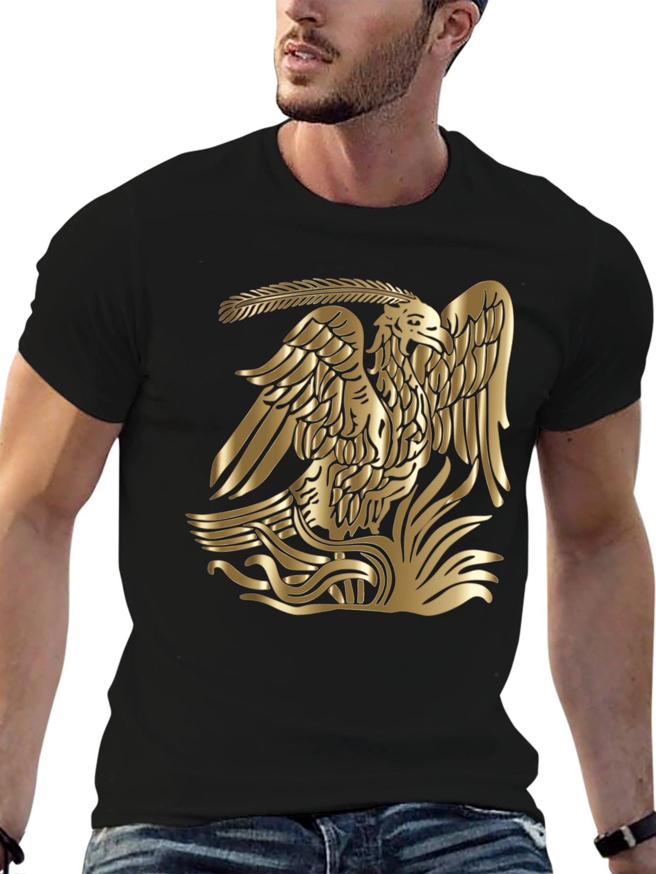 Gold Aztec Eagle Graphic Tee - Black