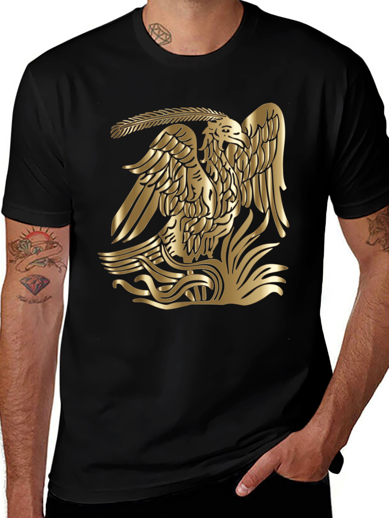 Gold Aztec Eagle Graphic Tee - Black