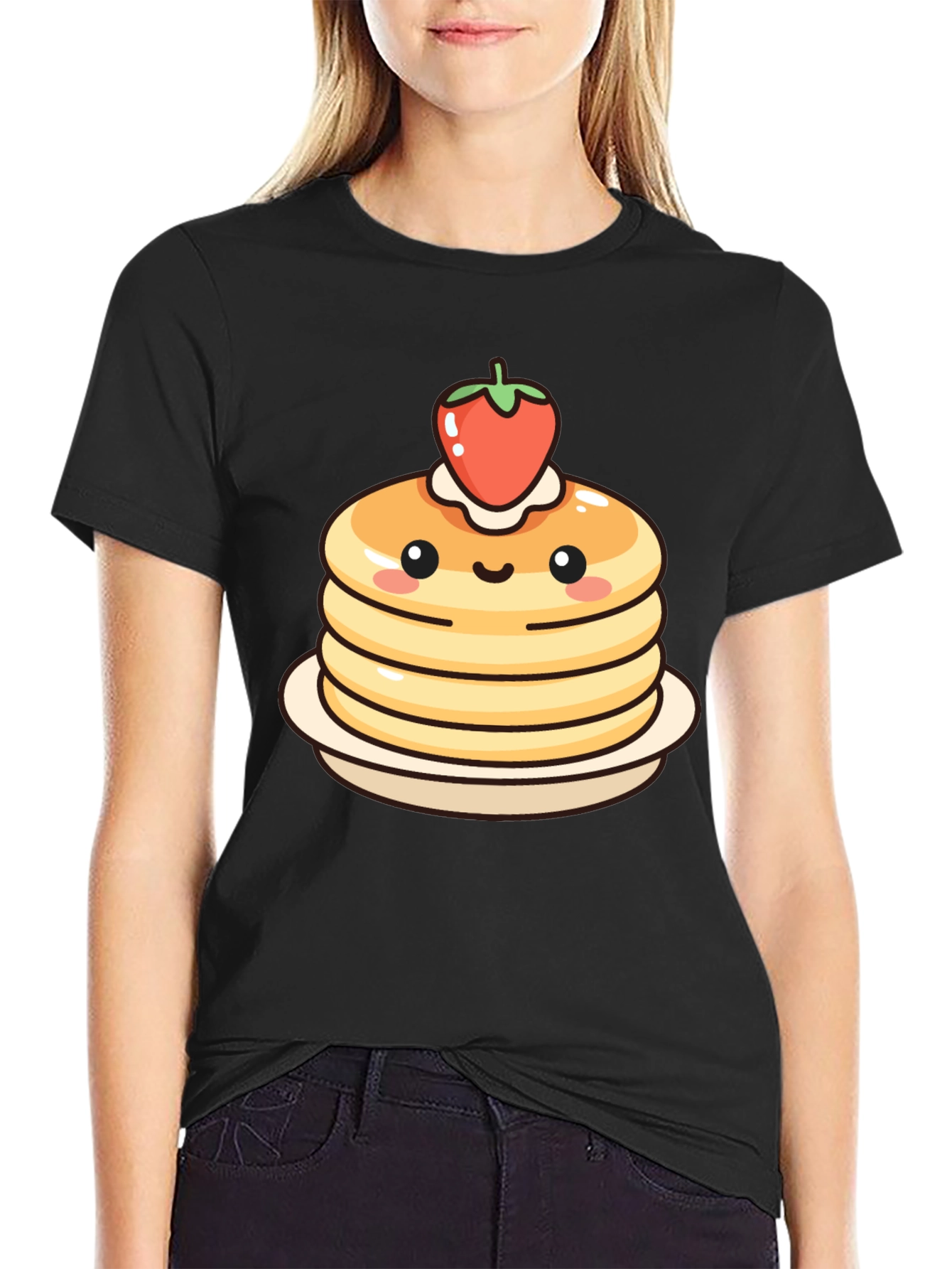 Cute Pancake Stack Graphic Tee - Black