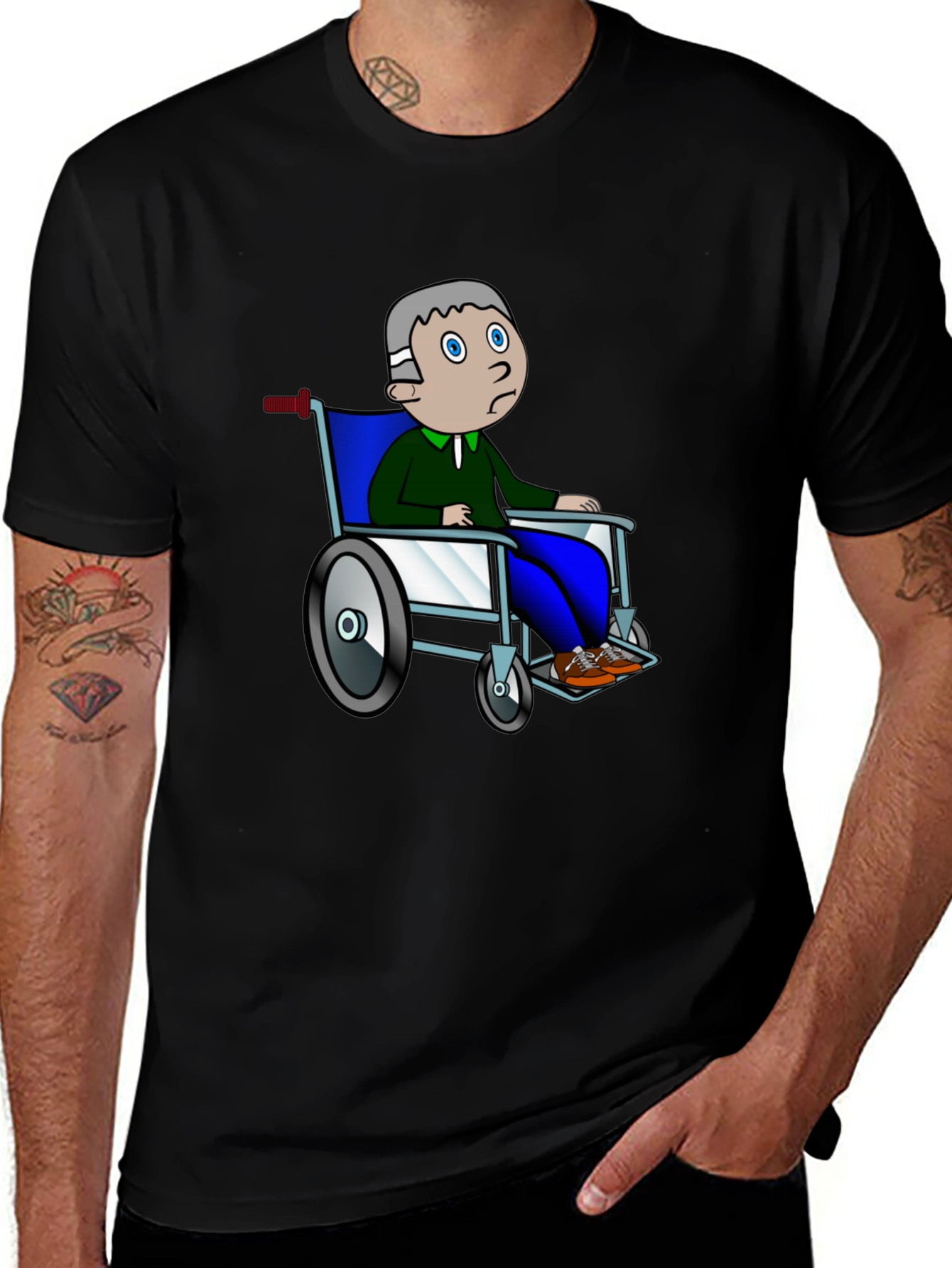 Cartoon Man Wheelchair Black Graphic Tee