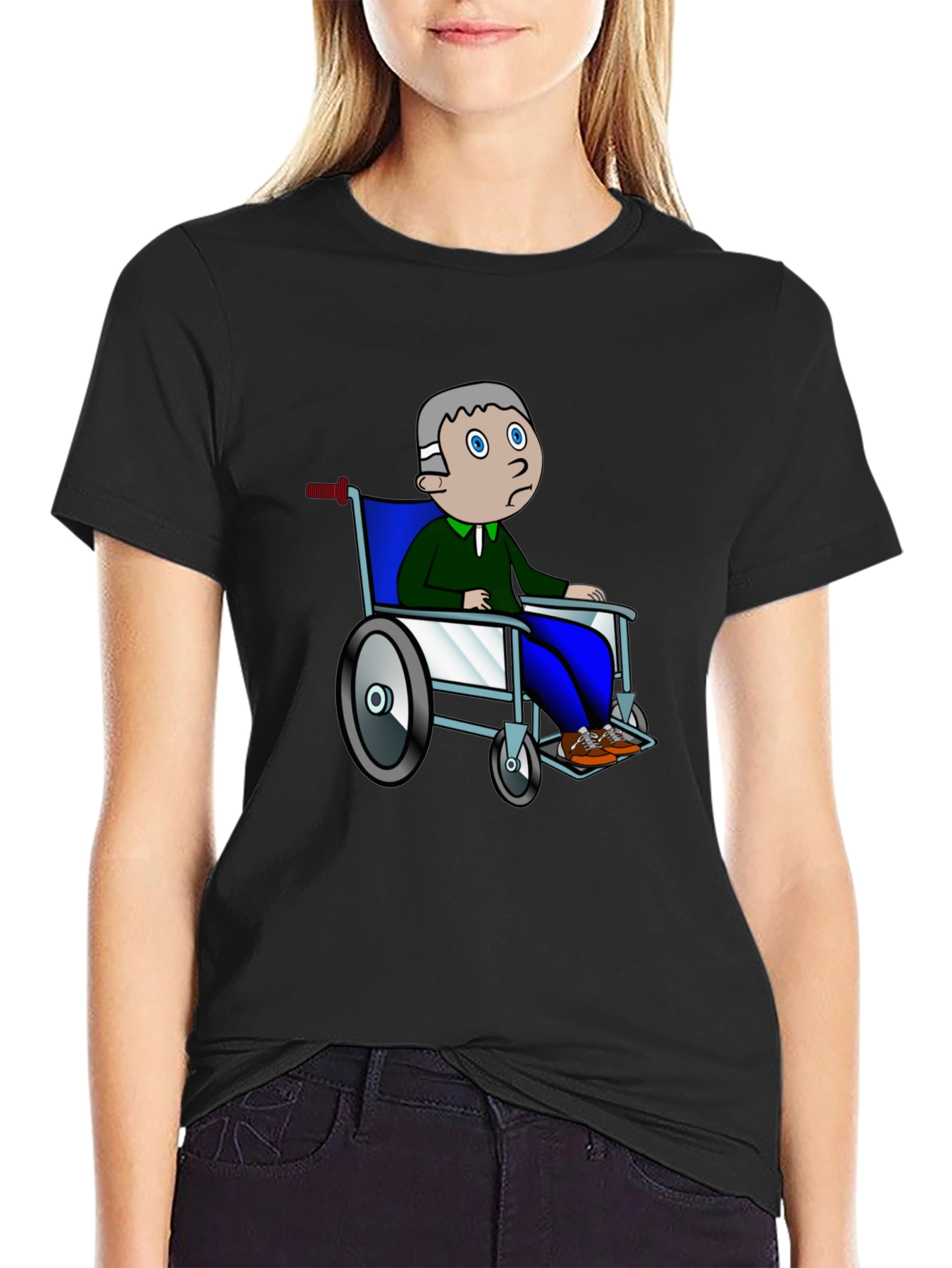 Cartoon Man Wheelchair Black Graphic Tee