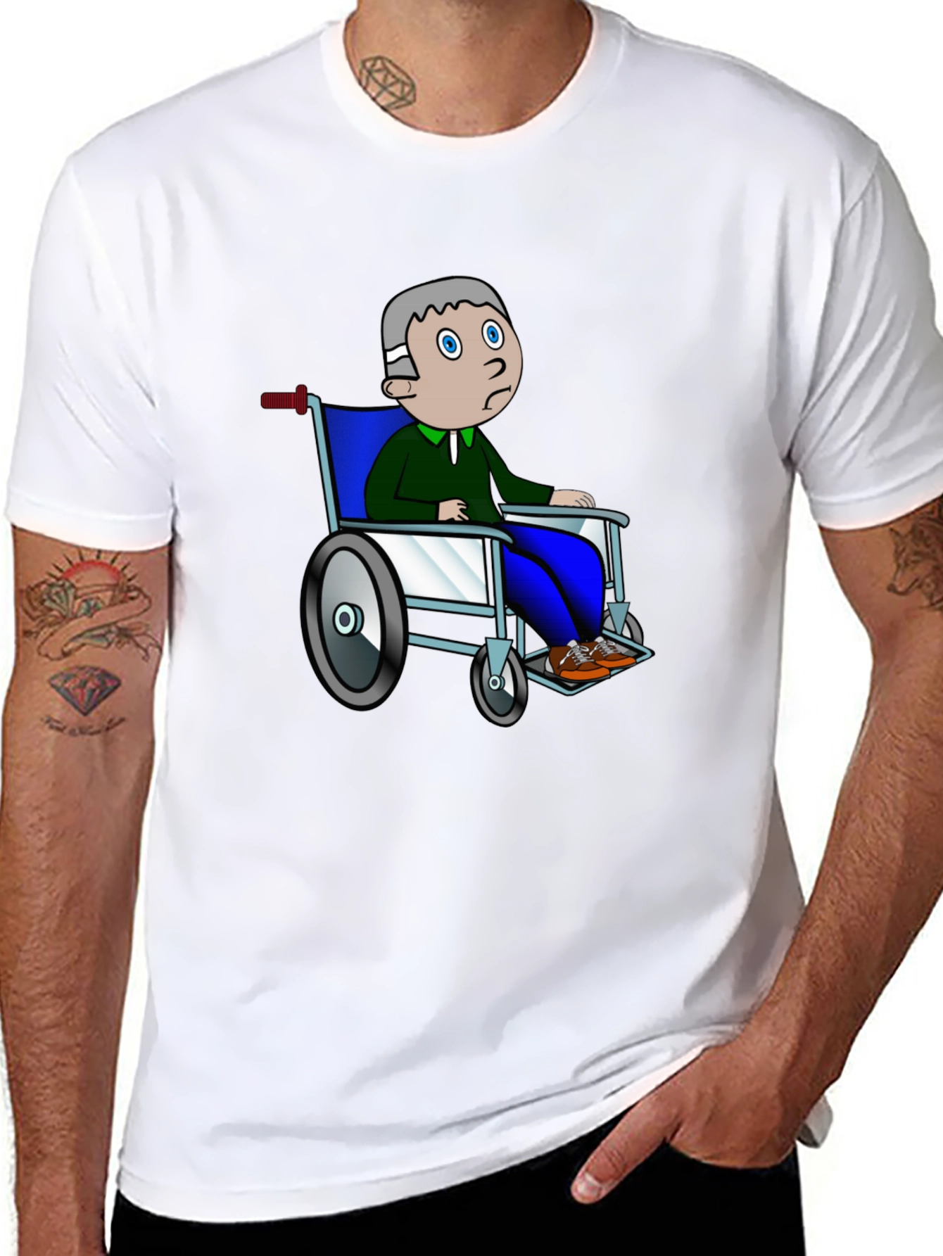Cartoon Man Wheelchair Black Graphic Tee