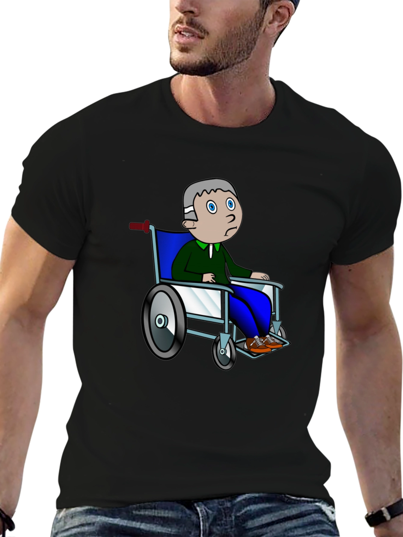 Cartoon Man Wheelchair Black Graphic Tee