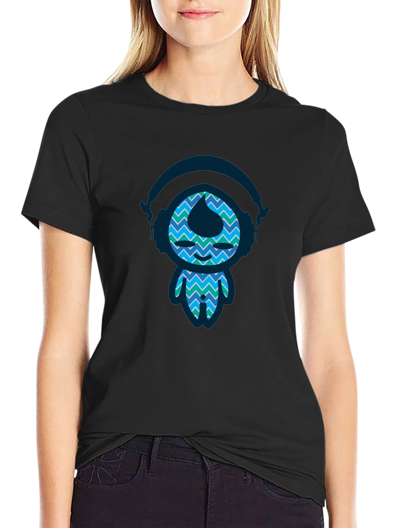Funky Blue Pattern Character Black T-Shirt