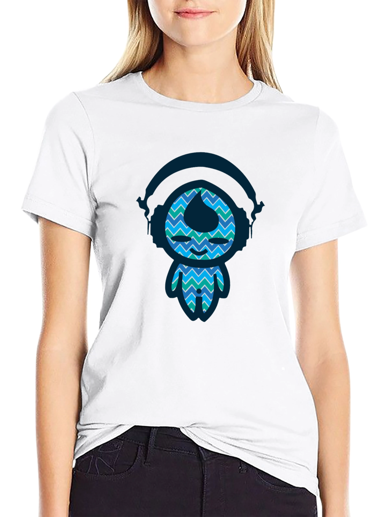 Funky Blue Pattern Character Black T-Shirt