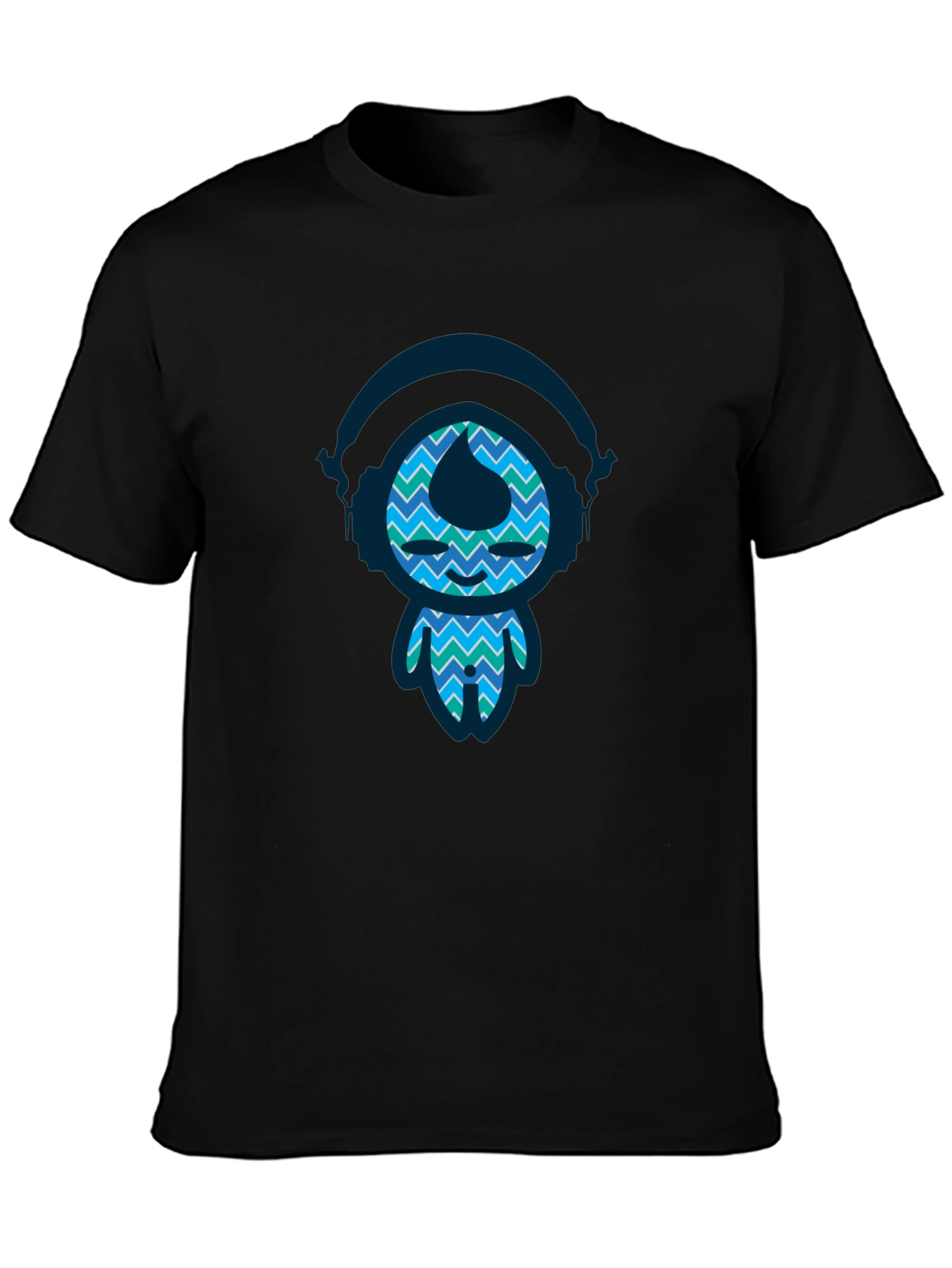 Funky Blue Pattern Character Black T-Shirt