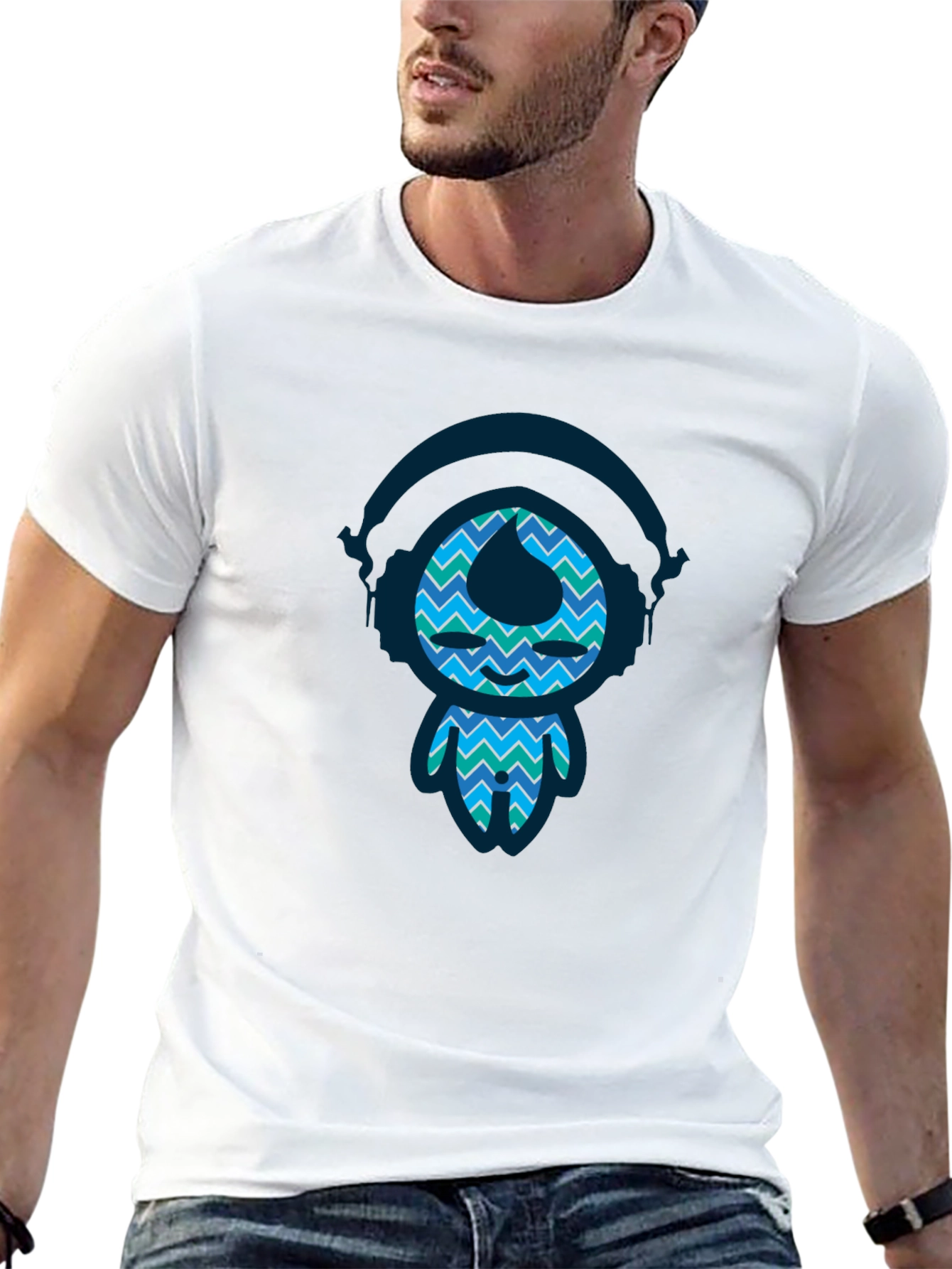 Funky Blue Pattern Character Black T-Shirt