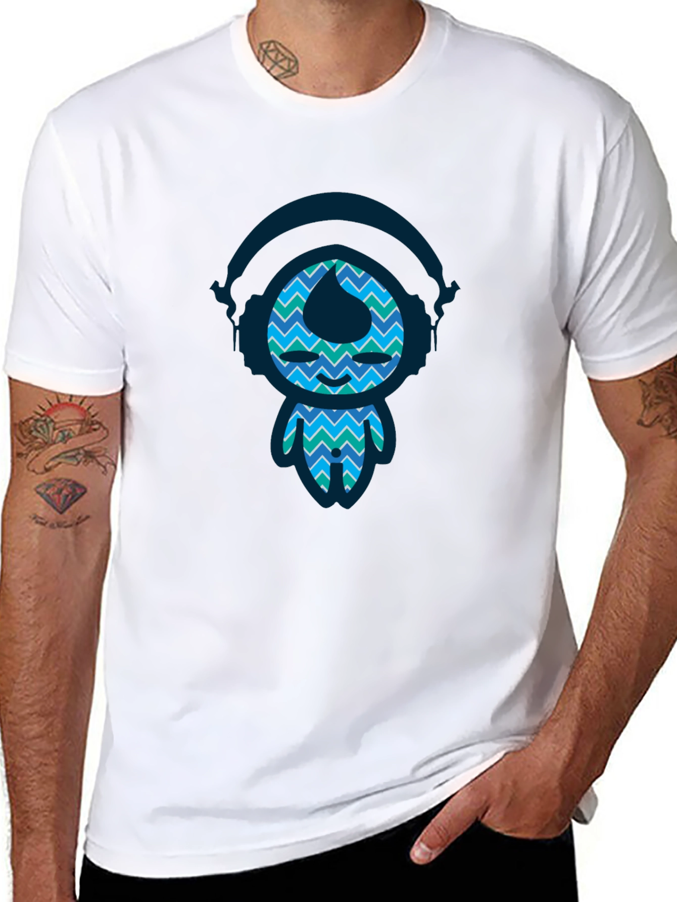 Funky Blue Pattern Character Black T-Shirt