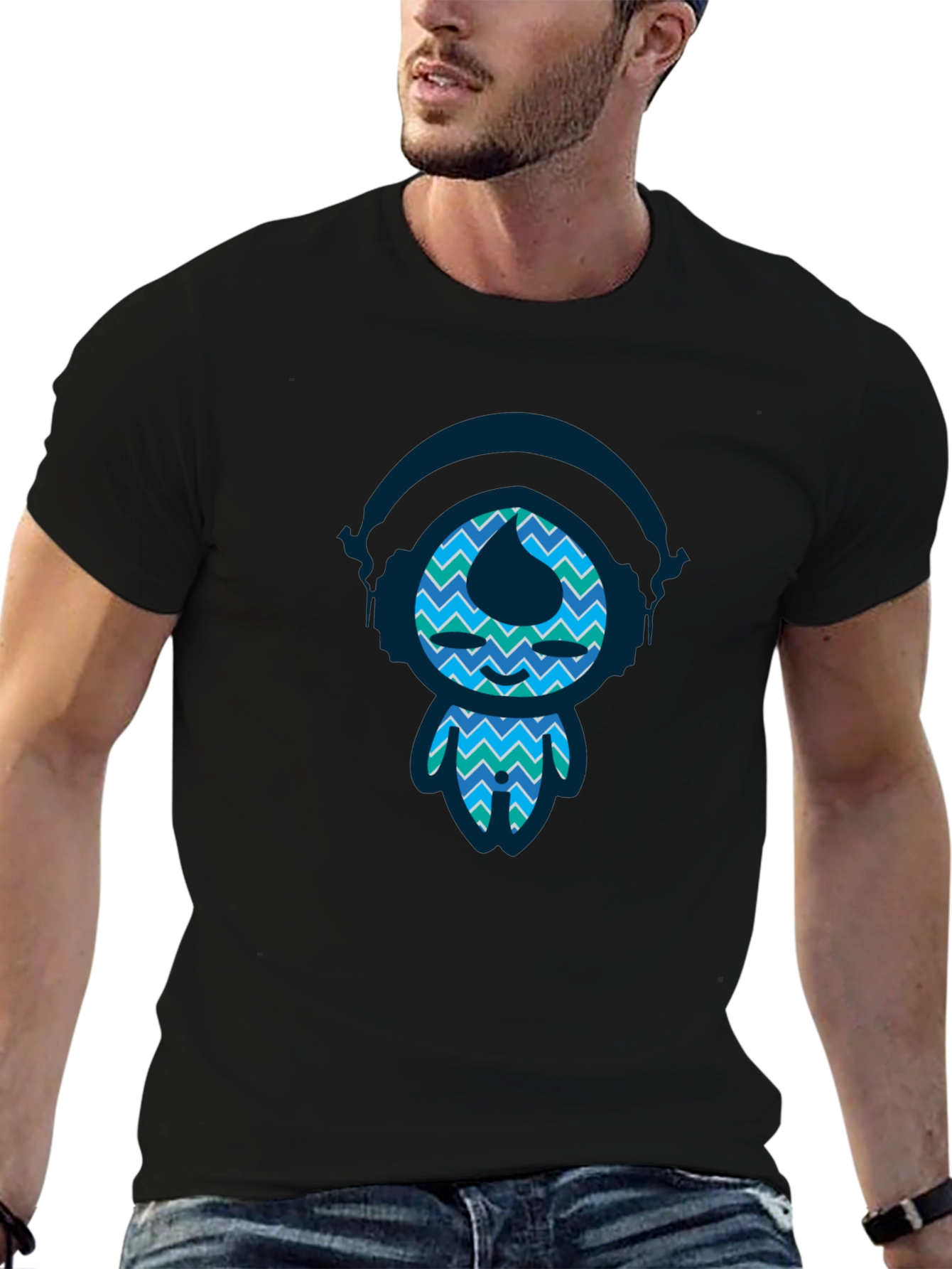 Funky Blue Pattern Character Black T-Shirt
