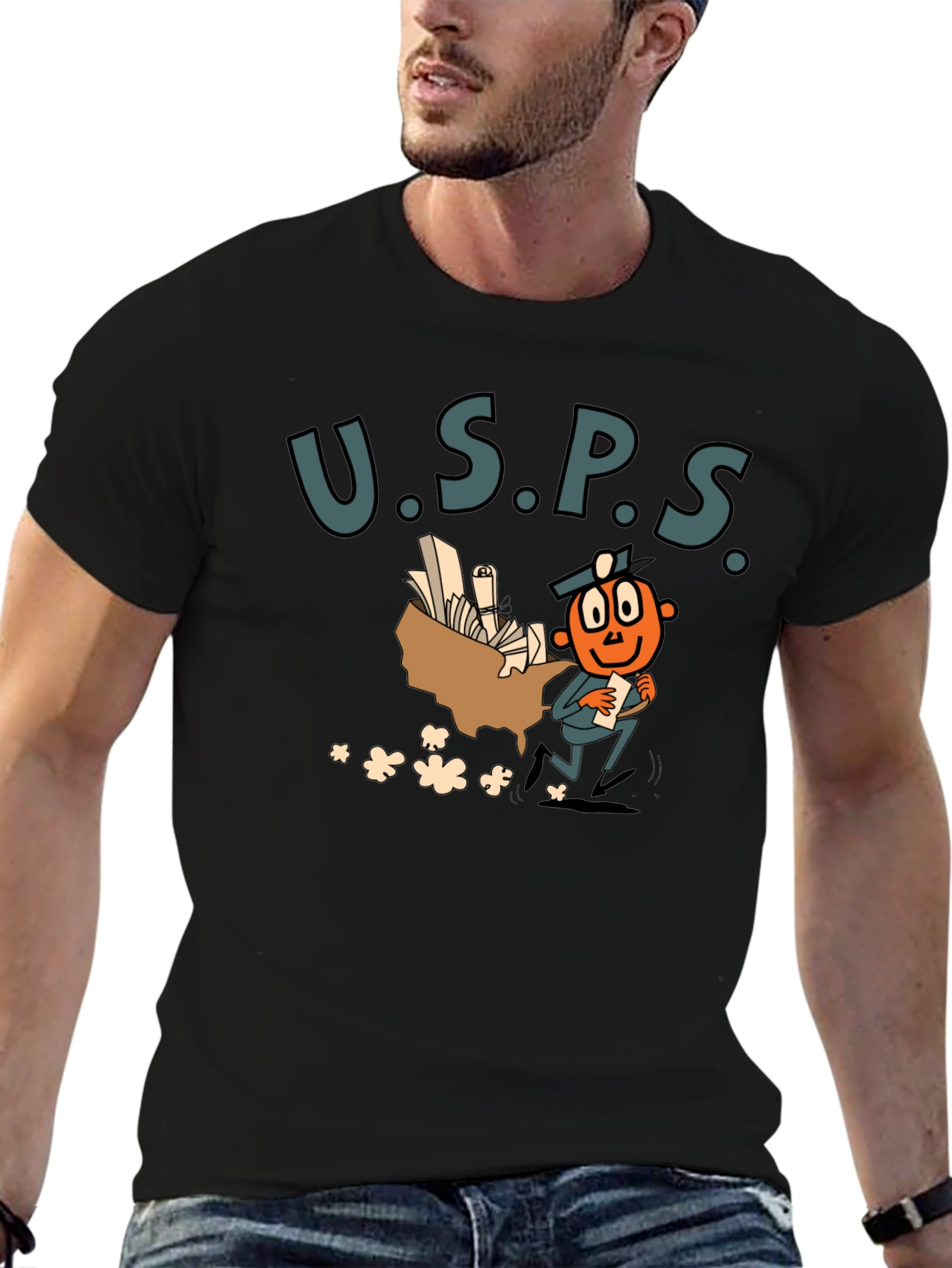 USPS Cartoon Graphic Black T-Shirt