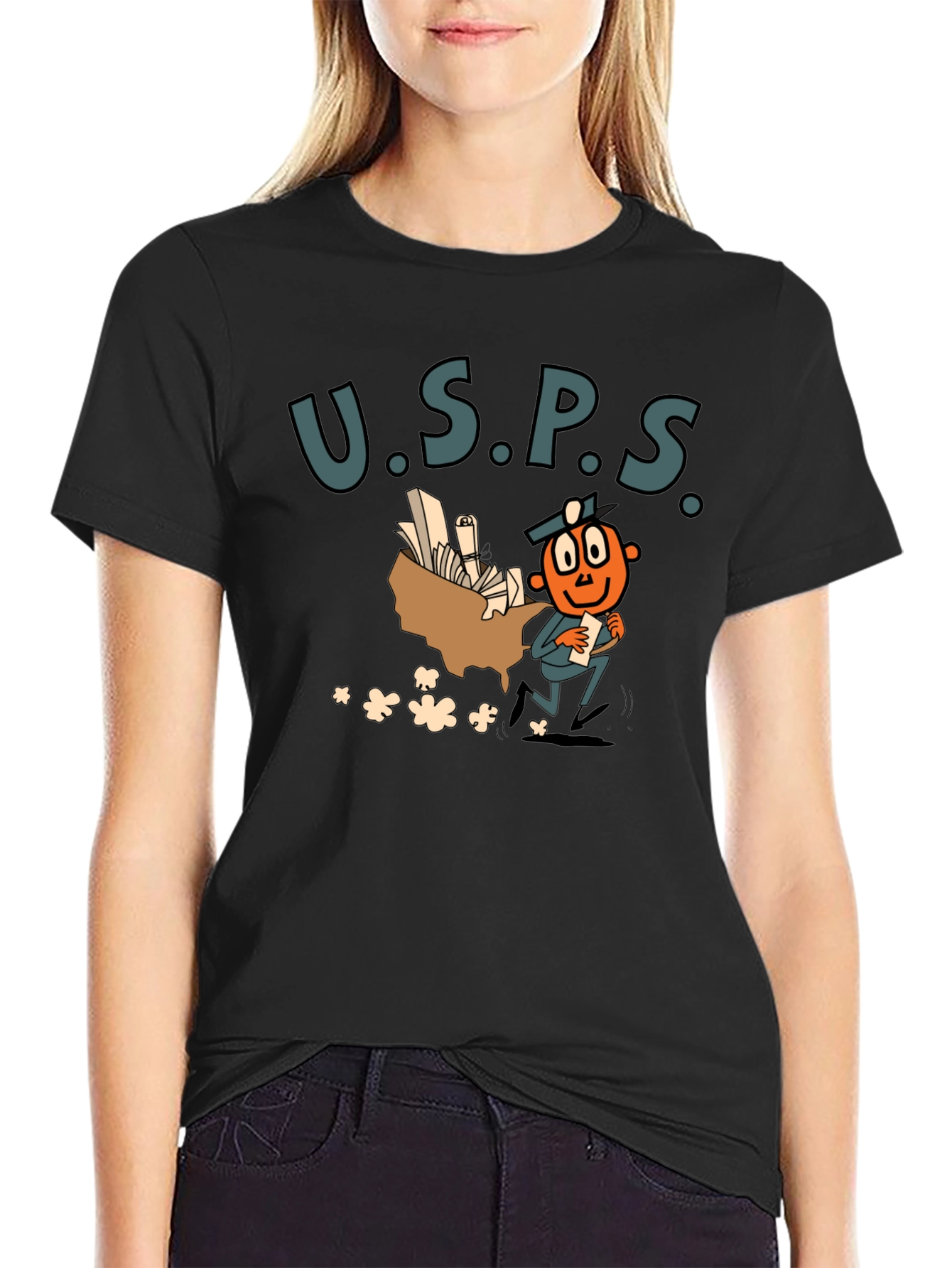 USPS Cartoon Graphic Black T-Shirt