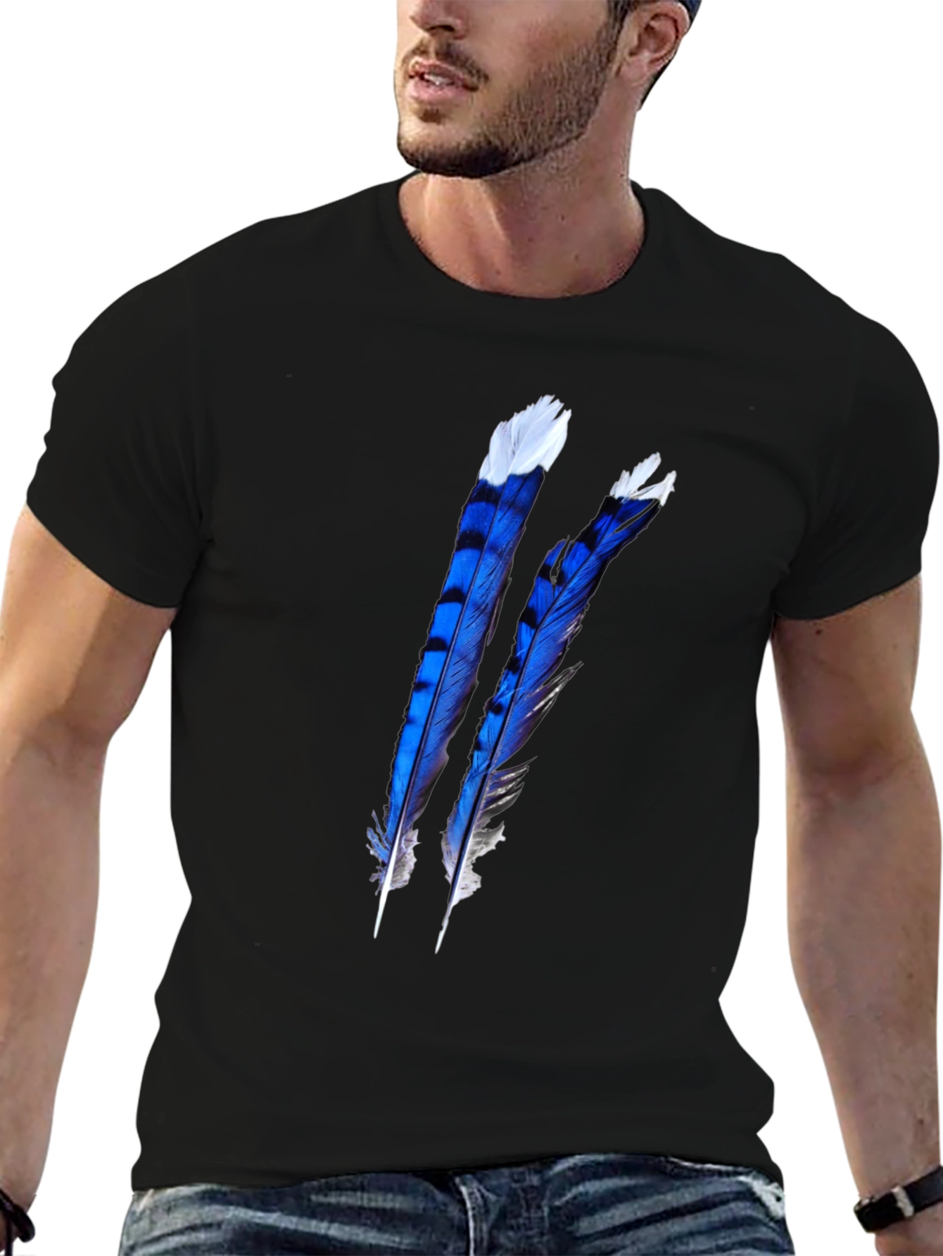 Blue Feather Graphic Black T-Shirt