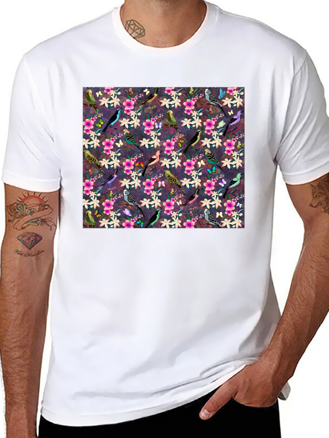 Floral Bird Pattern Black T-Shirt