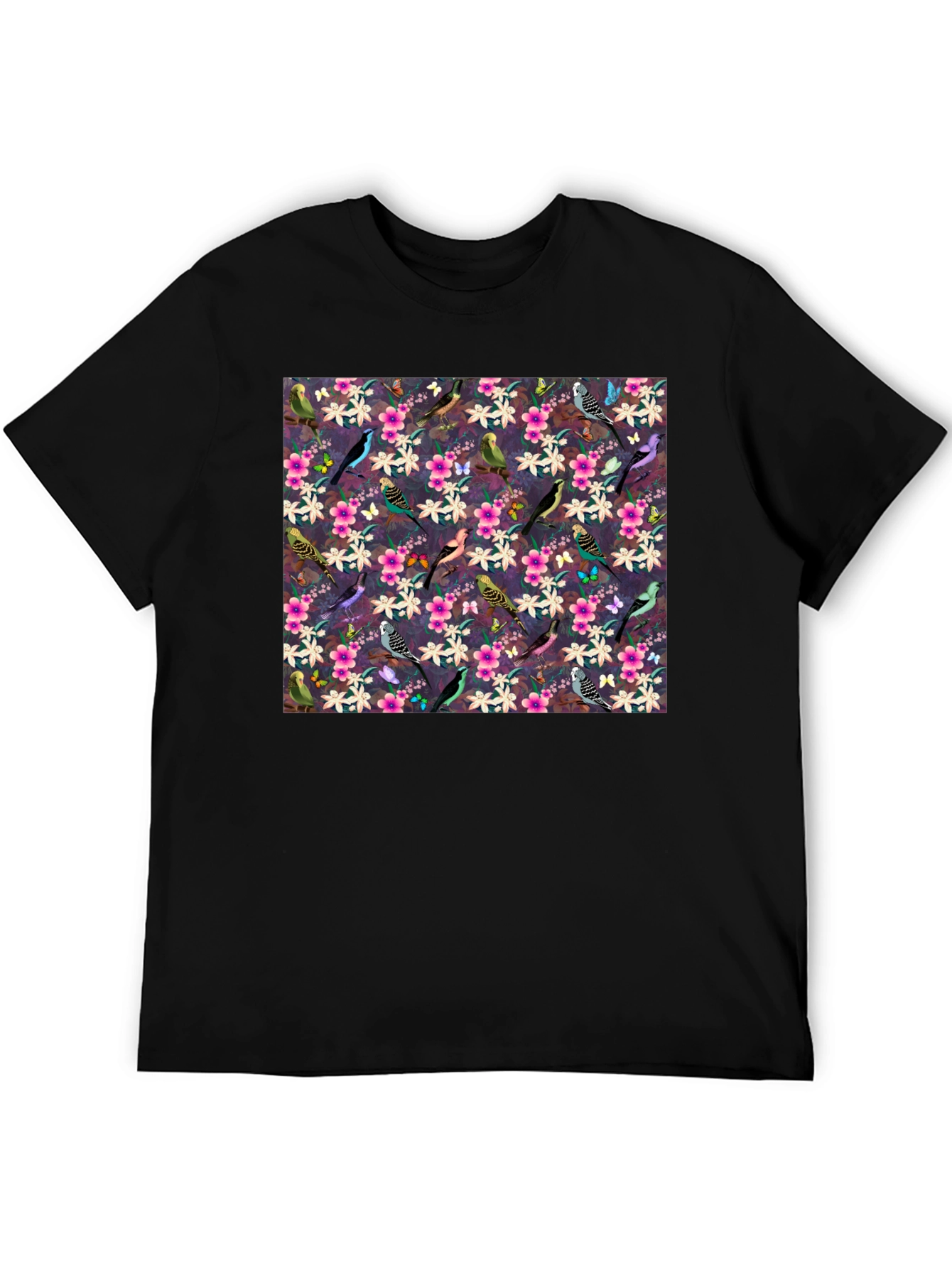 Floral Bird Pattern Black T-Shirt
