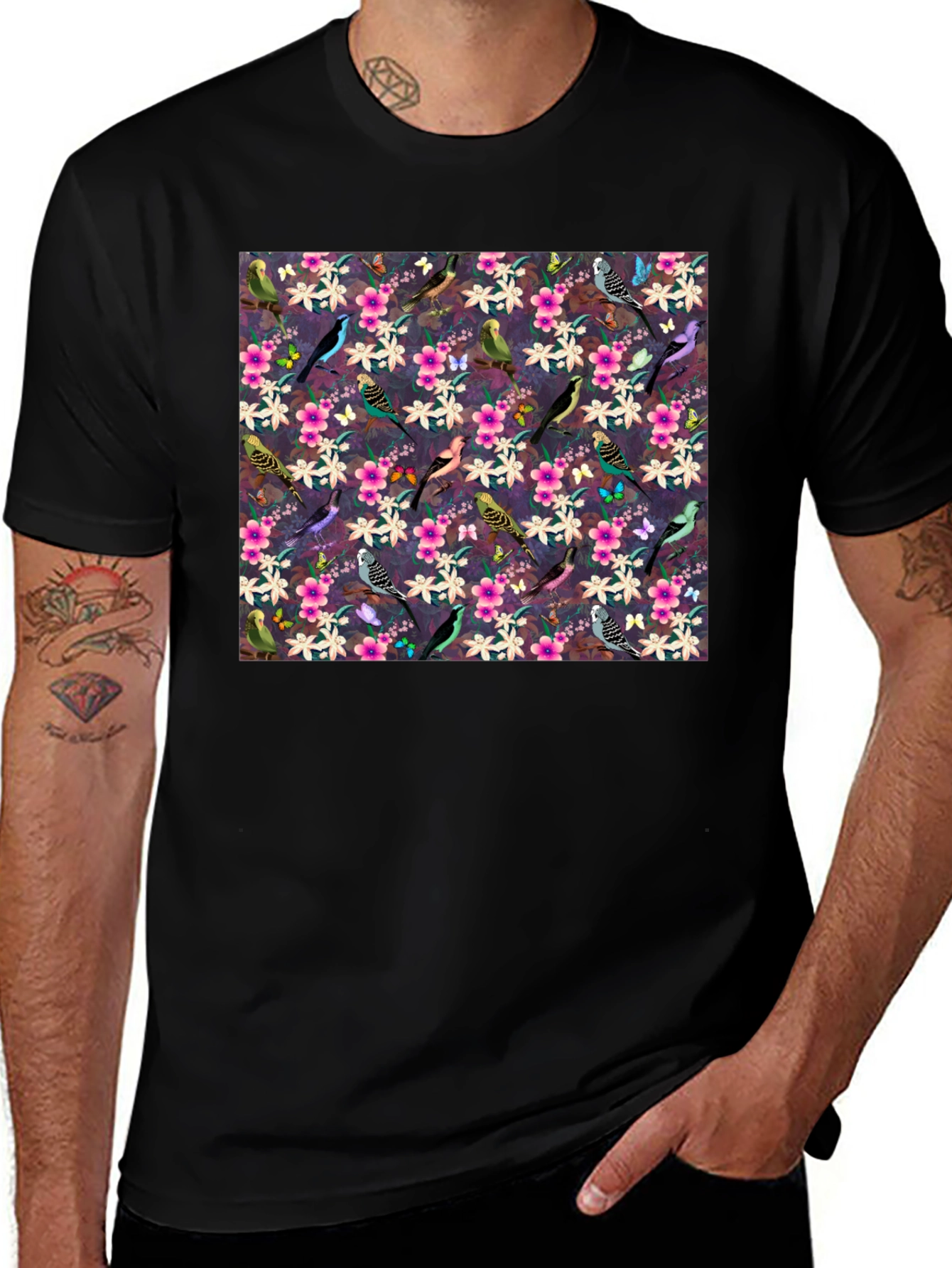 Floral Bird Pattern Black T-Shirt
