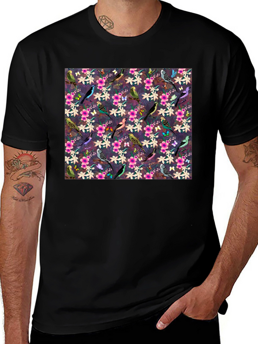 Floral Bird Pattern Black T-Shirt
