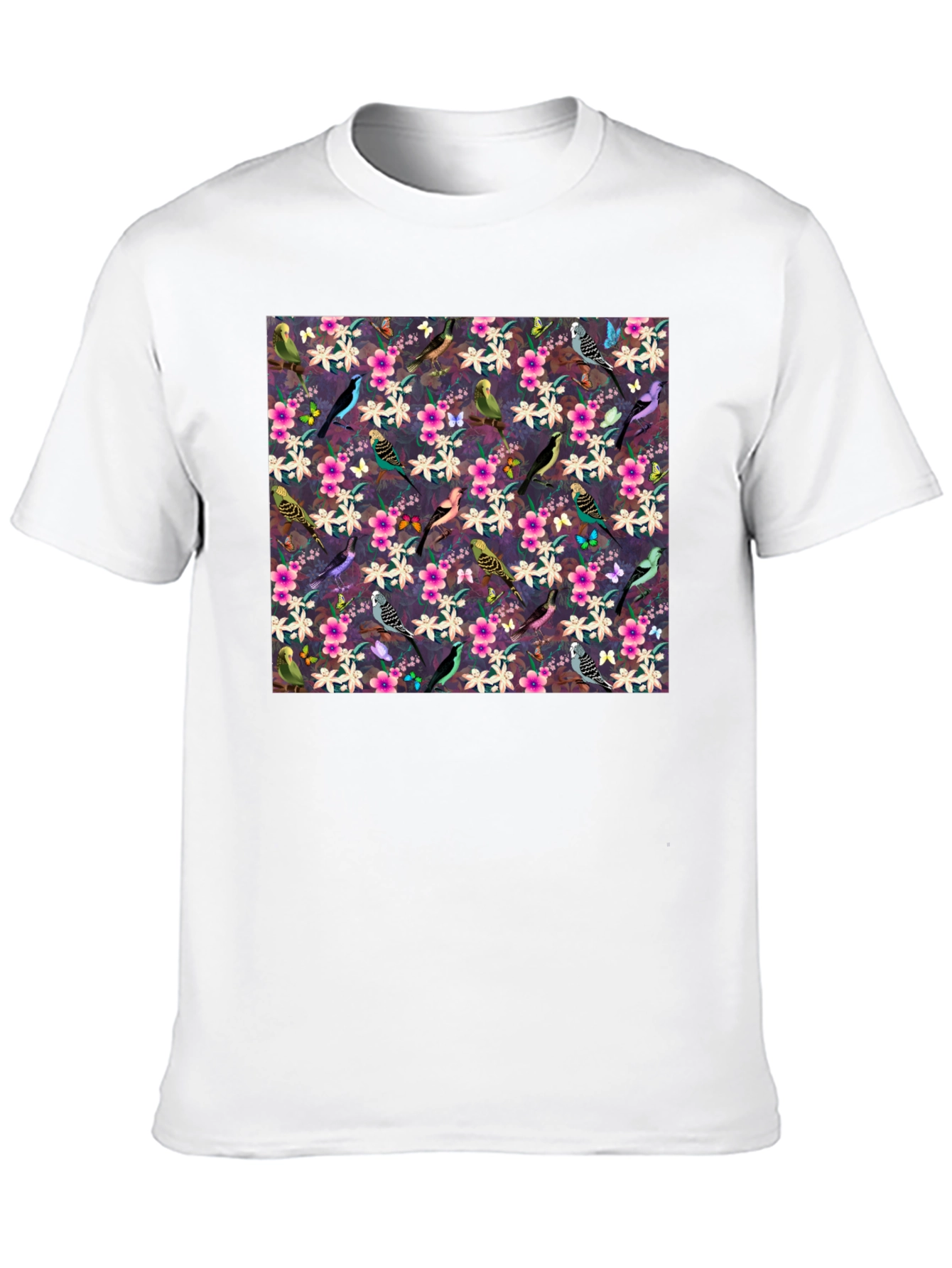 Floral Bird Pattern Black T-Shirt