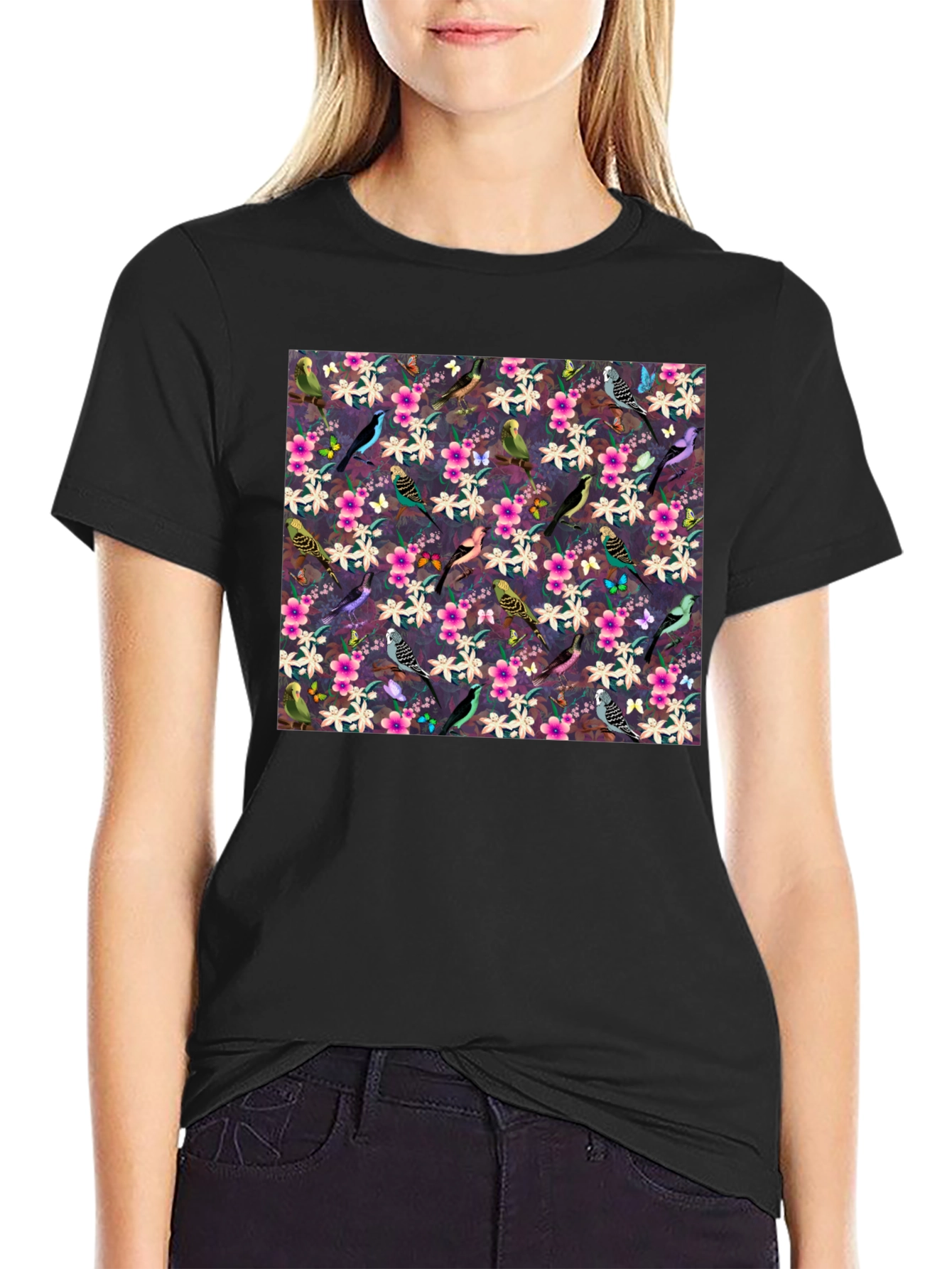 Floral Bird Pattern Black T-Shirt