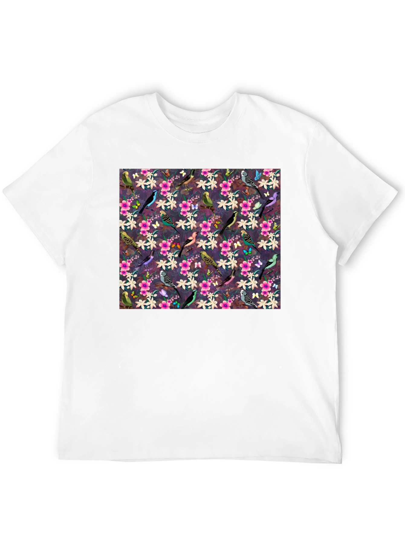 Floral Bird Pattern Black T-Shirt