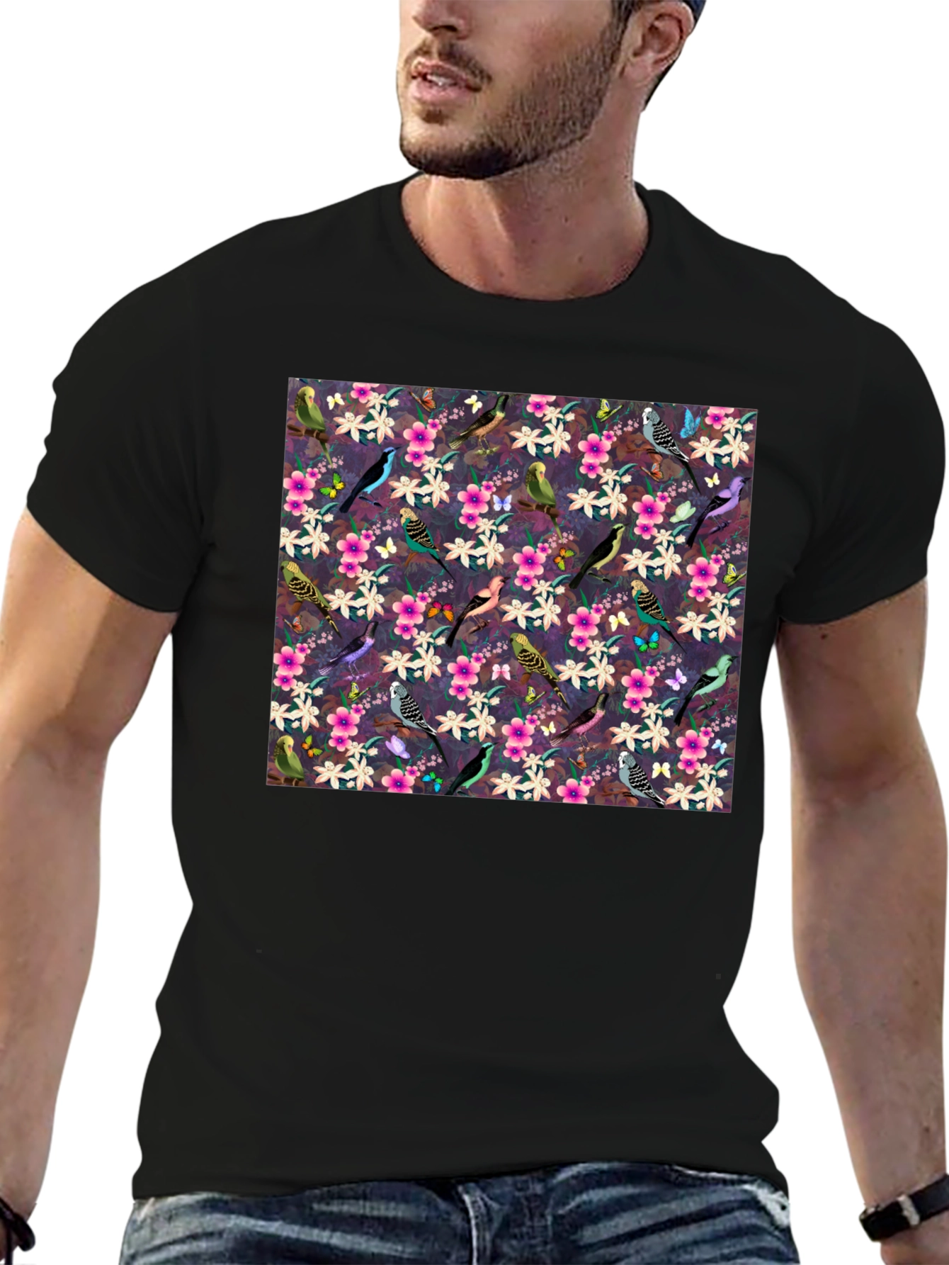 Floral Bird Pattern Black T-Shirt