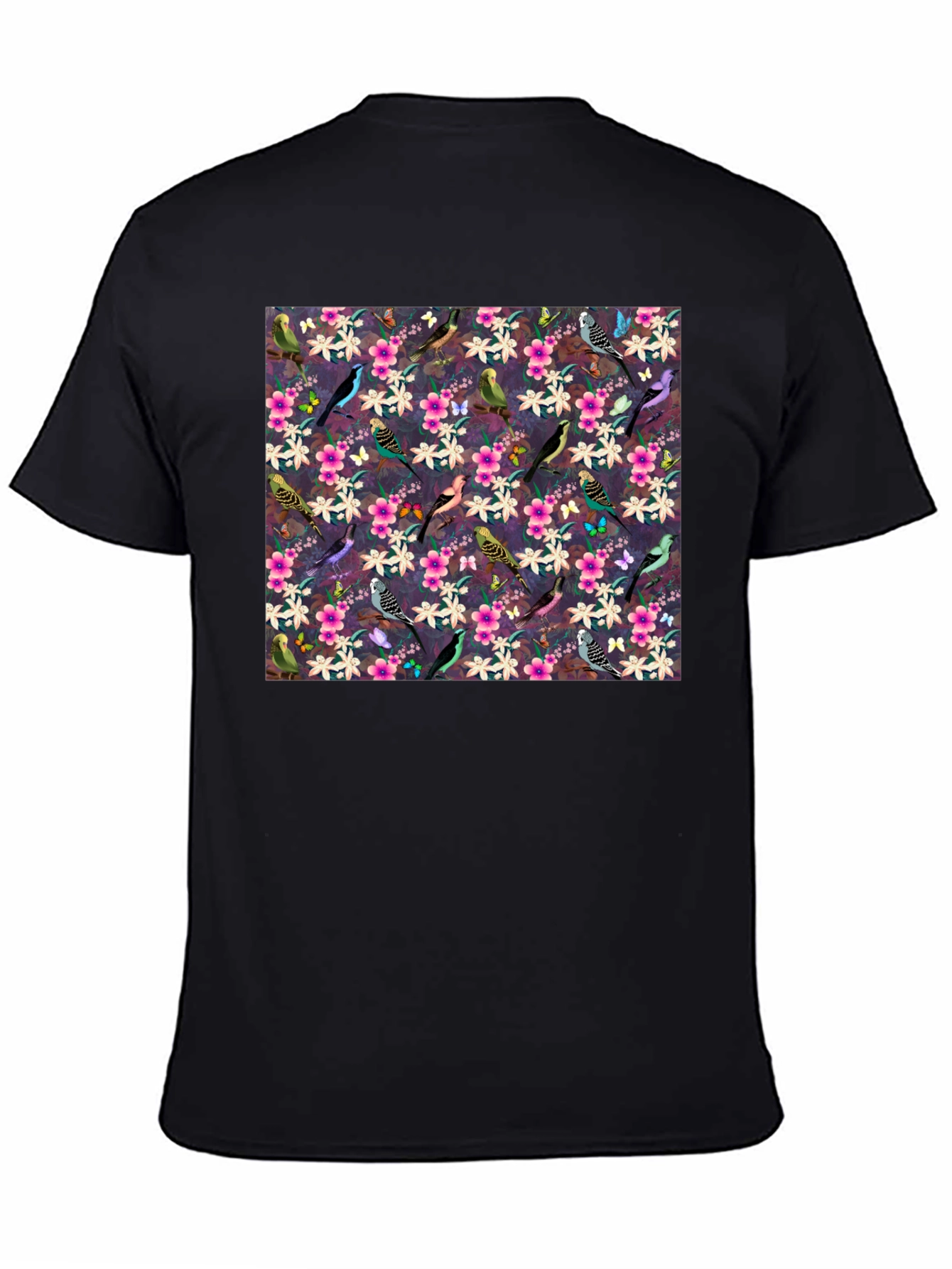 Floral Bird Pattern Black T-Shirt