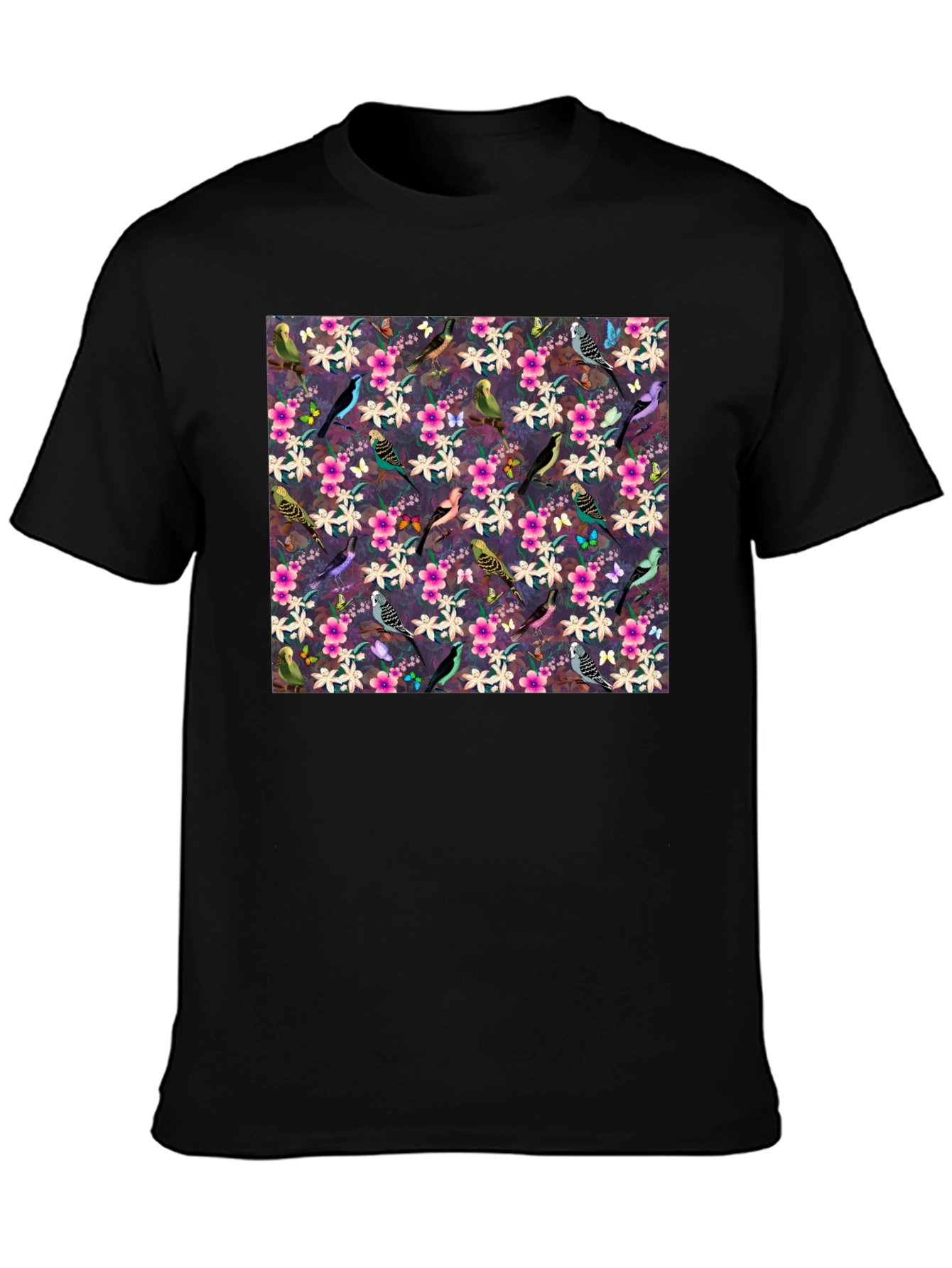 Floral Bird Pattern Black T-Shirt