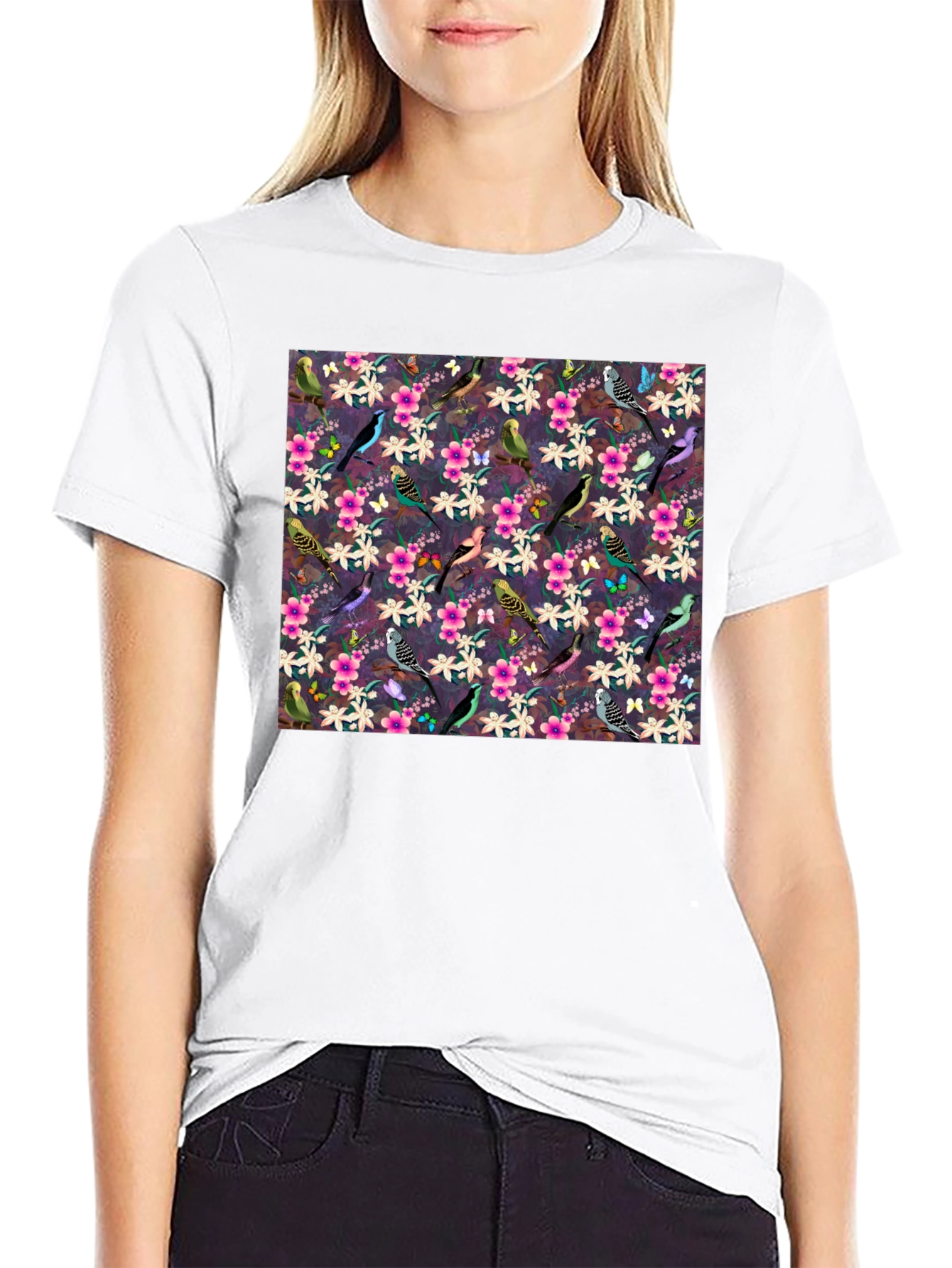 Floral Bird Pattern Black T-Shirt