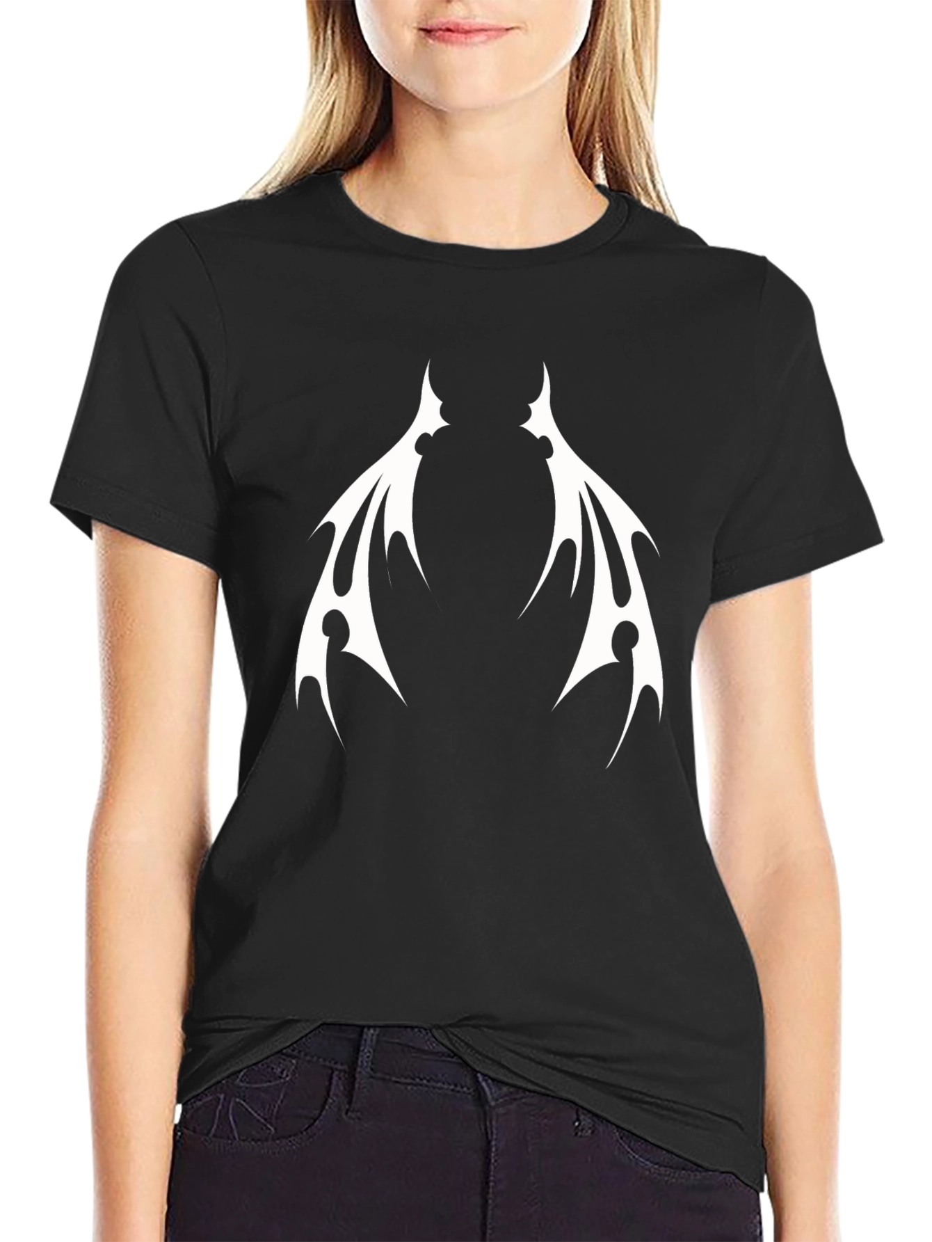 Black T-Shirt with White Tribal Wings Design