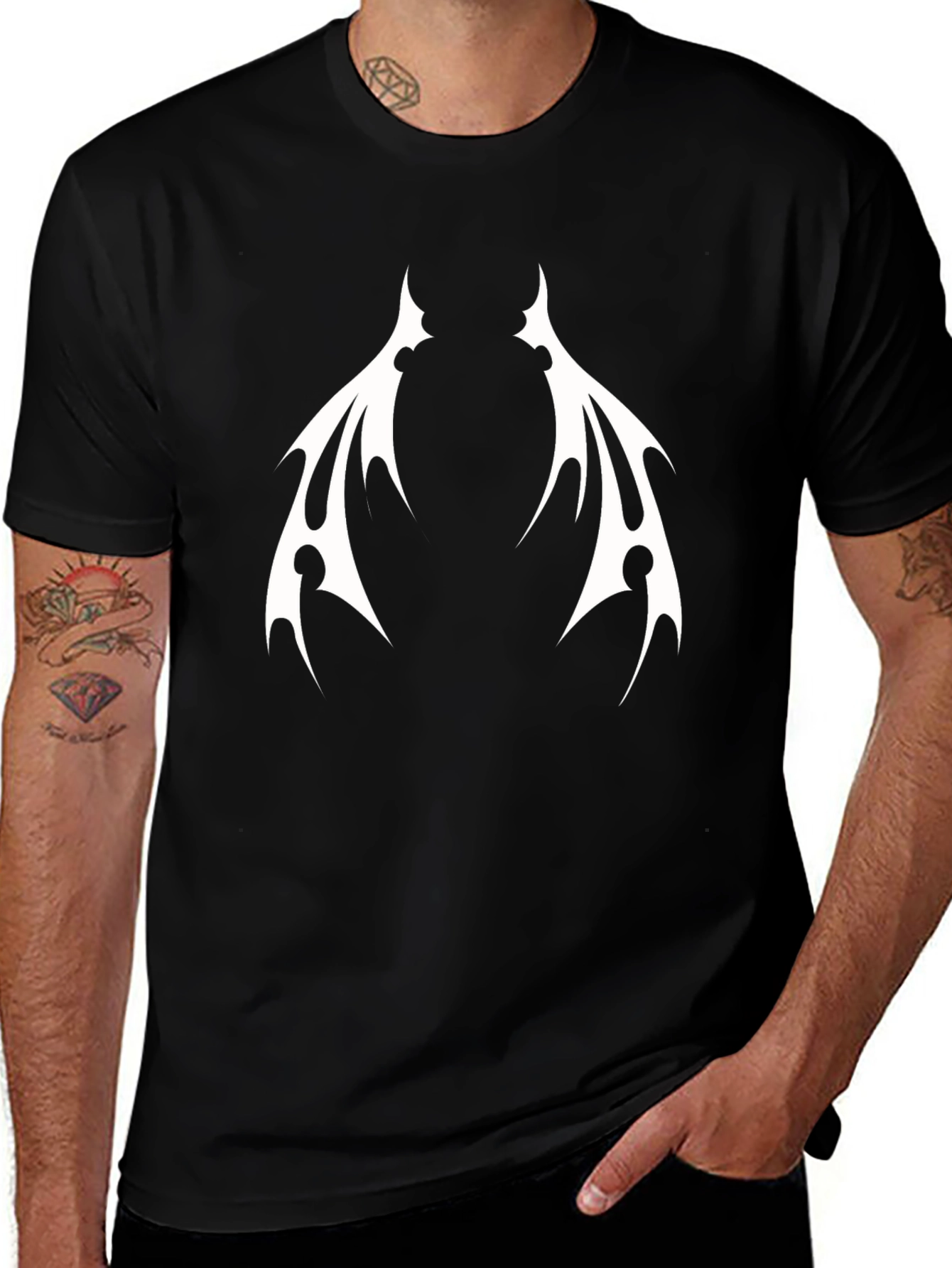 Black T-Shirt with White Tribal Wings Design
