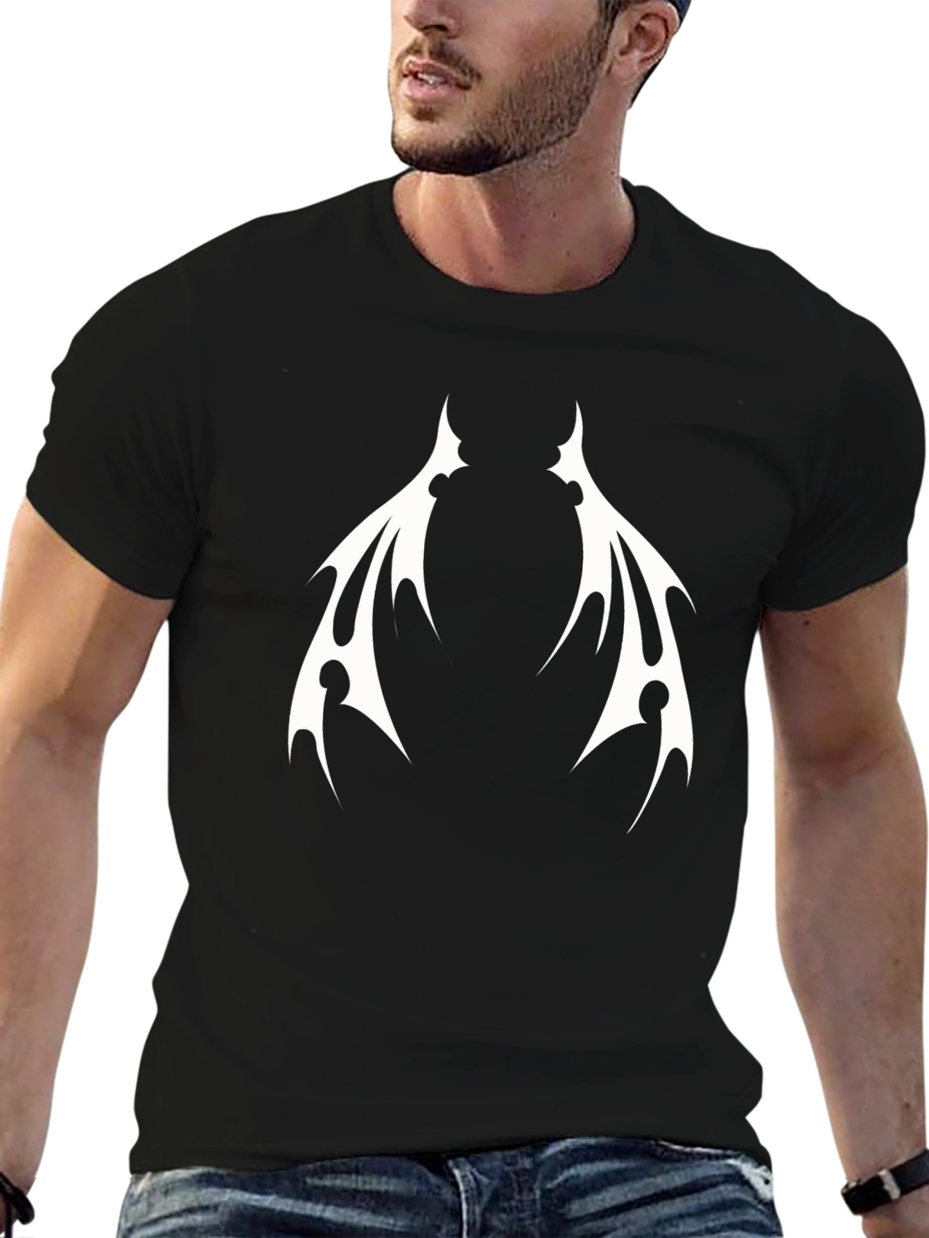 Black T-Shirt with White Tribal Wings Design