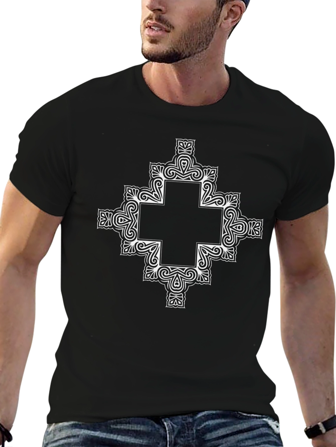 Ornate Cross Graphic Tee - Black Cotton Blend