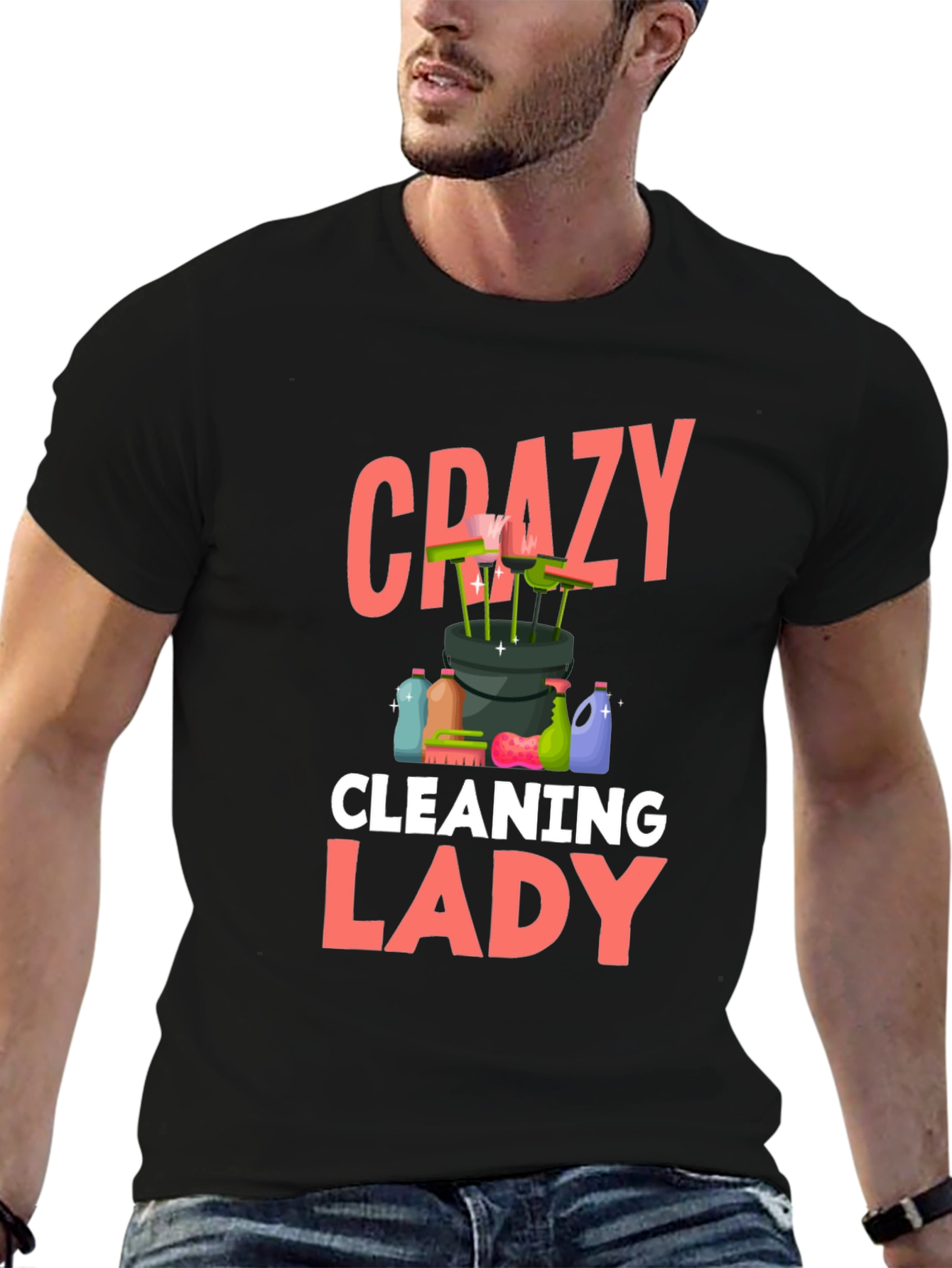 Crazy Cleaning Lady T-Shirt - Black Cotton