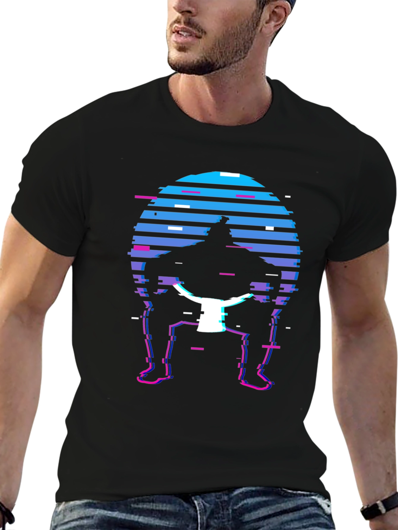Retro Sumo Wrestler T-Shirt - Glitch Style
