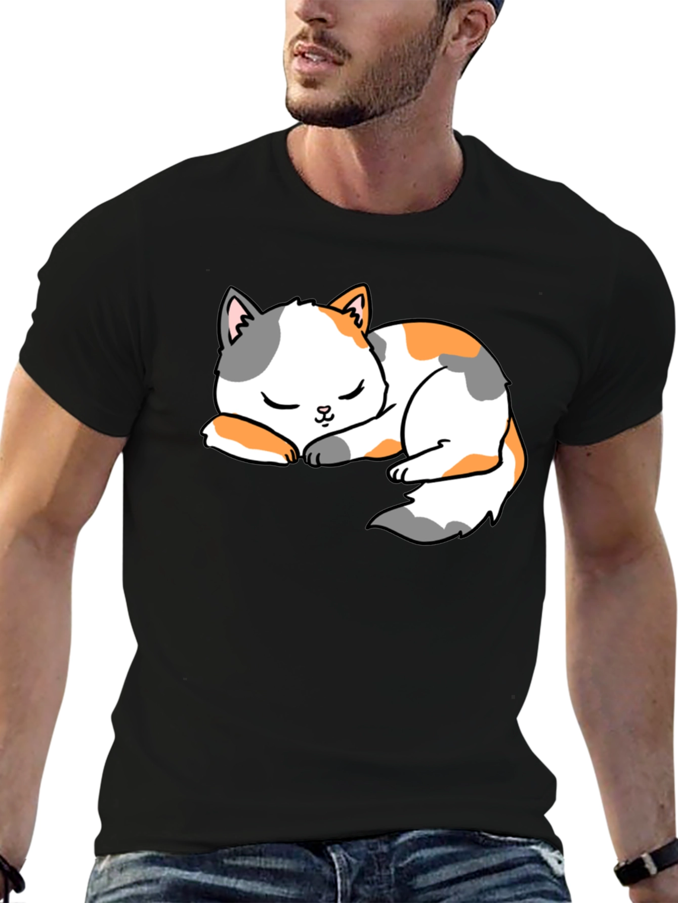 Cute Sleeping Cat Black T-Shirt