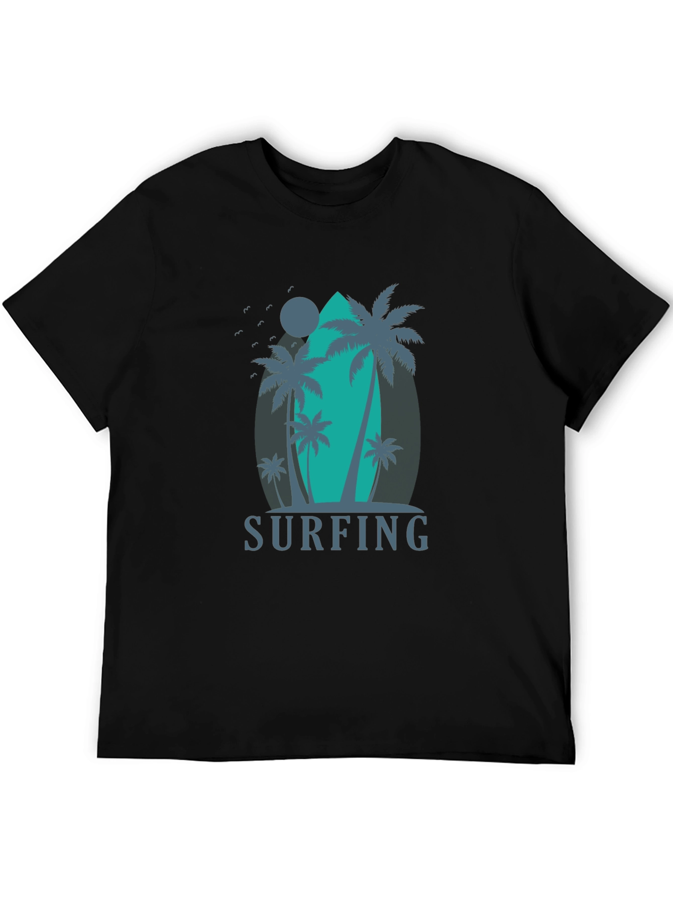 Surfing Palm Tree Graphic T-Shirt - Black
