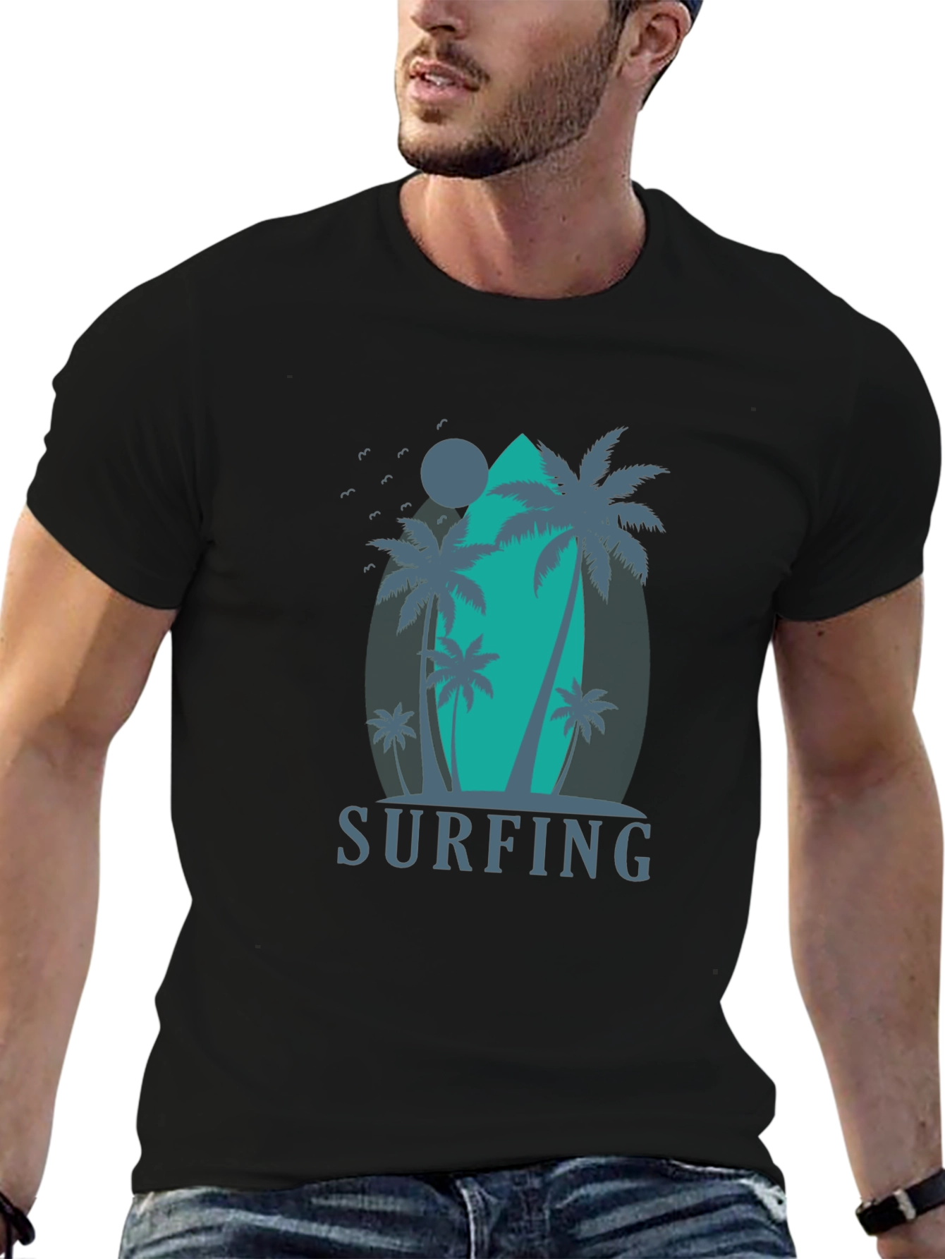 Surfing Palm Tree Graphic T-Shirt - Black