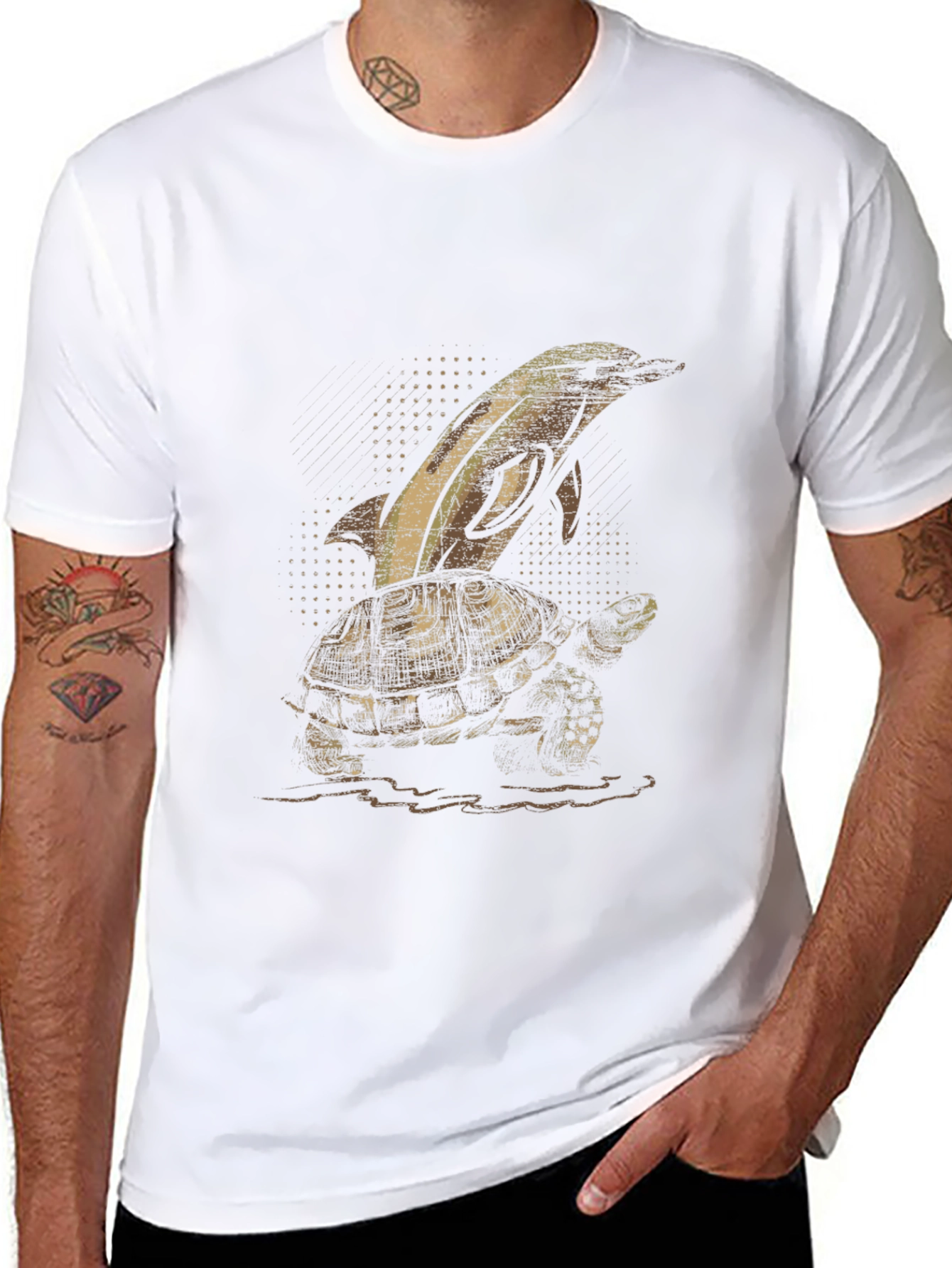 Dolphin Turtle Graphic Tee - Black Cotton T-Shirt