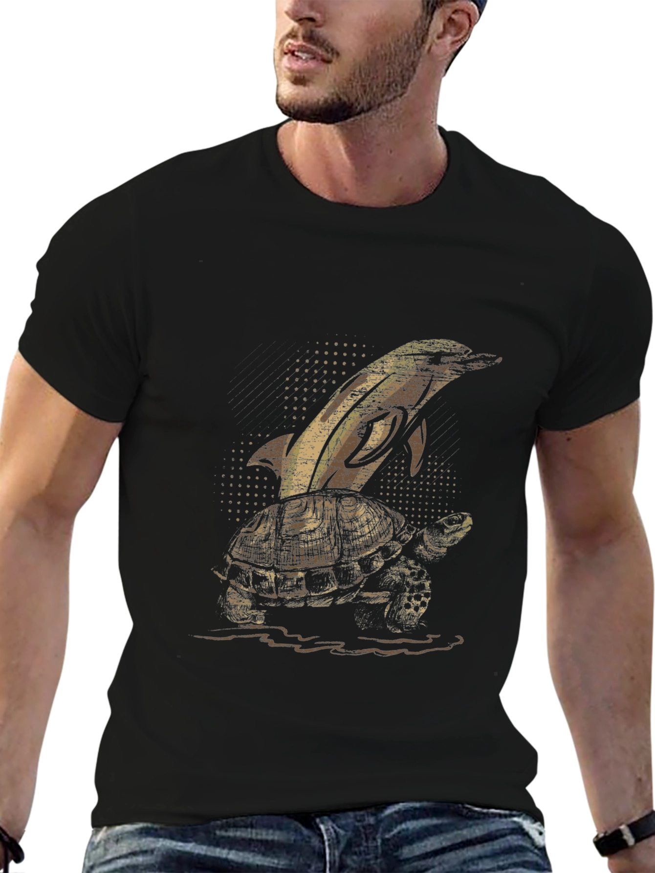 Dolphin Turtle Graphic Tee - Black Cotton T-Shirt