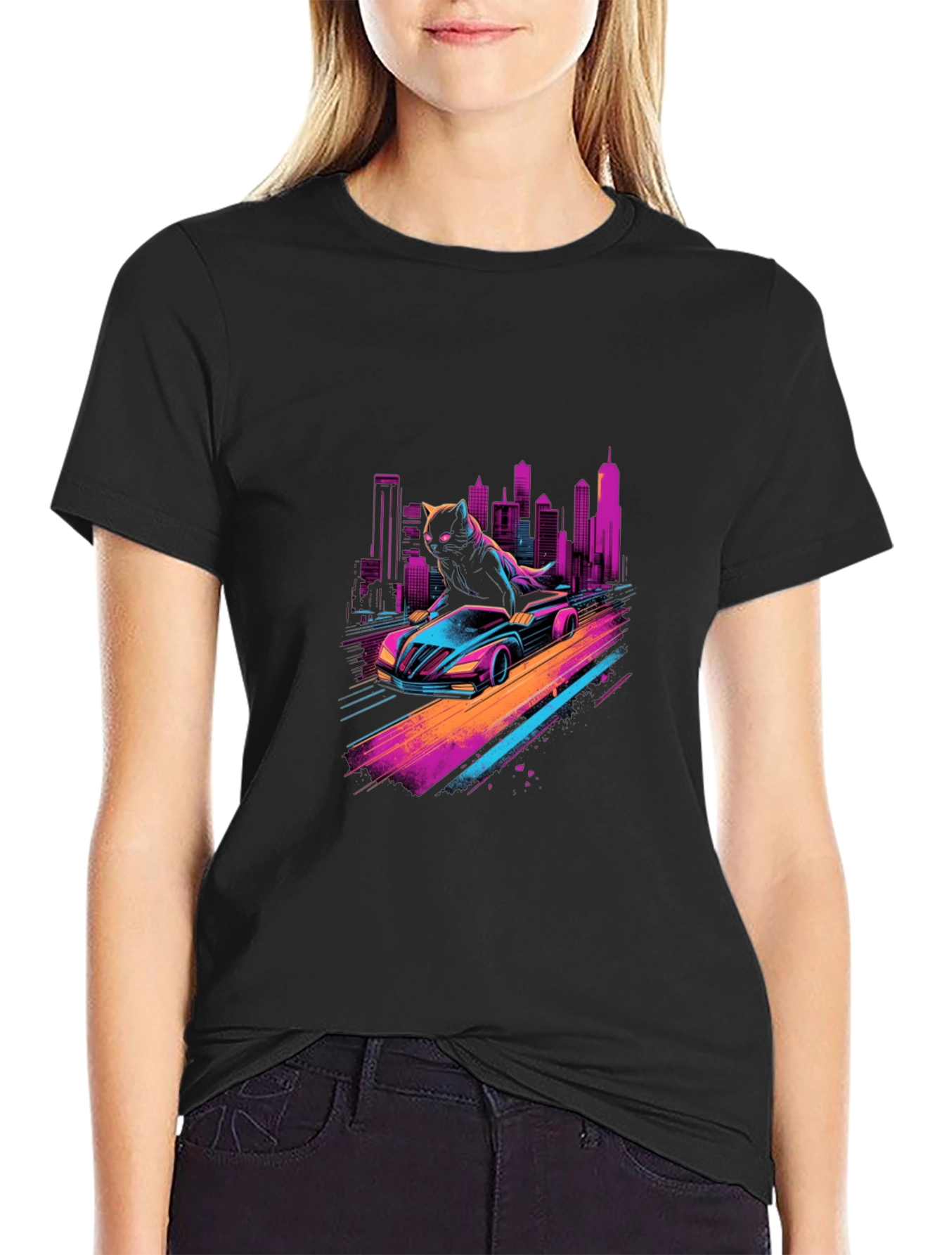 Cyber Cat Racing T-Shirt - Retro Wave Style